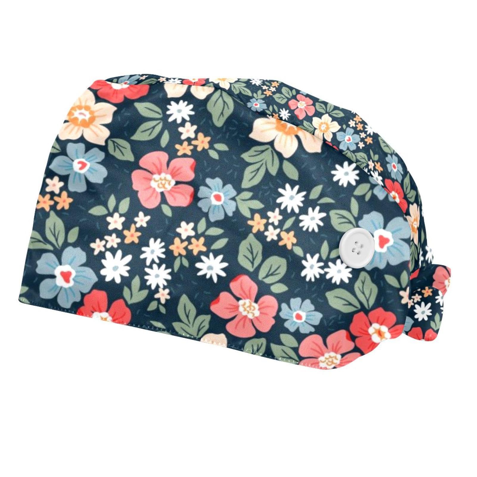 Color Dark Flower 2 Pcs Unisex Working Cap with Button Sweatband Adjustable Tie Back Bouffant Hats