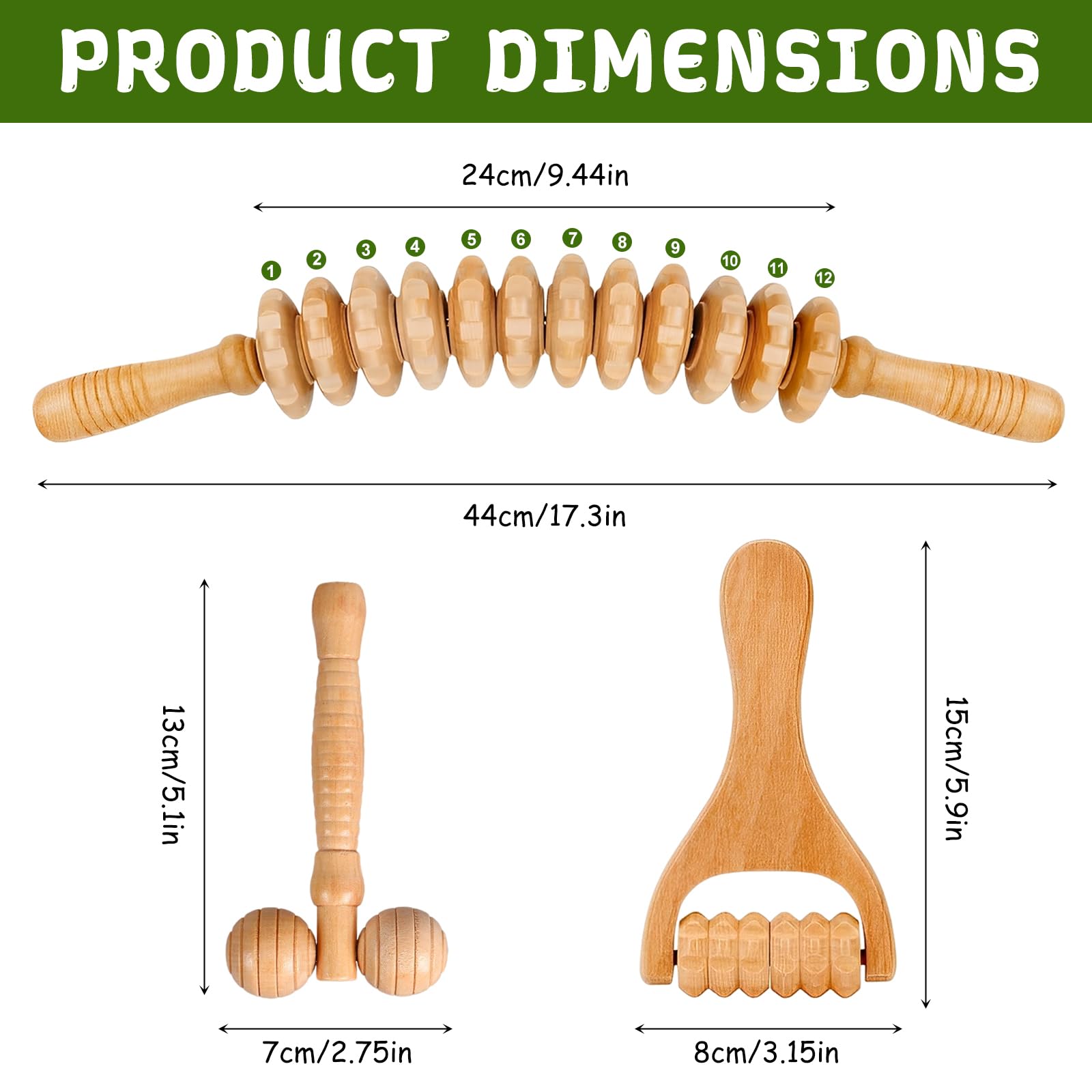 Lot de 3 Rouleaux de Massage en Bois pour Drainage Lymphatique et Anti Cellulite - Outil de Massage Fascia pour le Dos, le Cou, les Jambes - Détente Musculaire et Réduction de la Cellulite