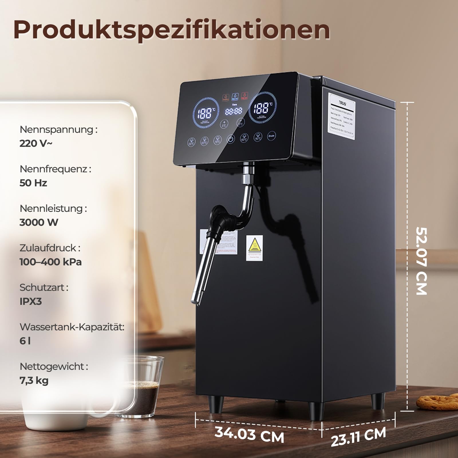 Komercyjny spieniacz do mleka, automatyczna maszyna parowa 1800 W, 6 l/1,6 Gal