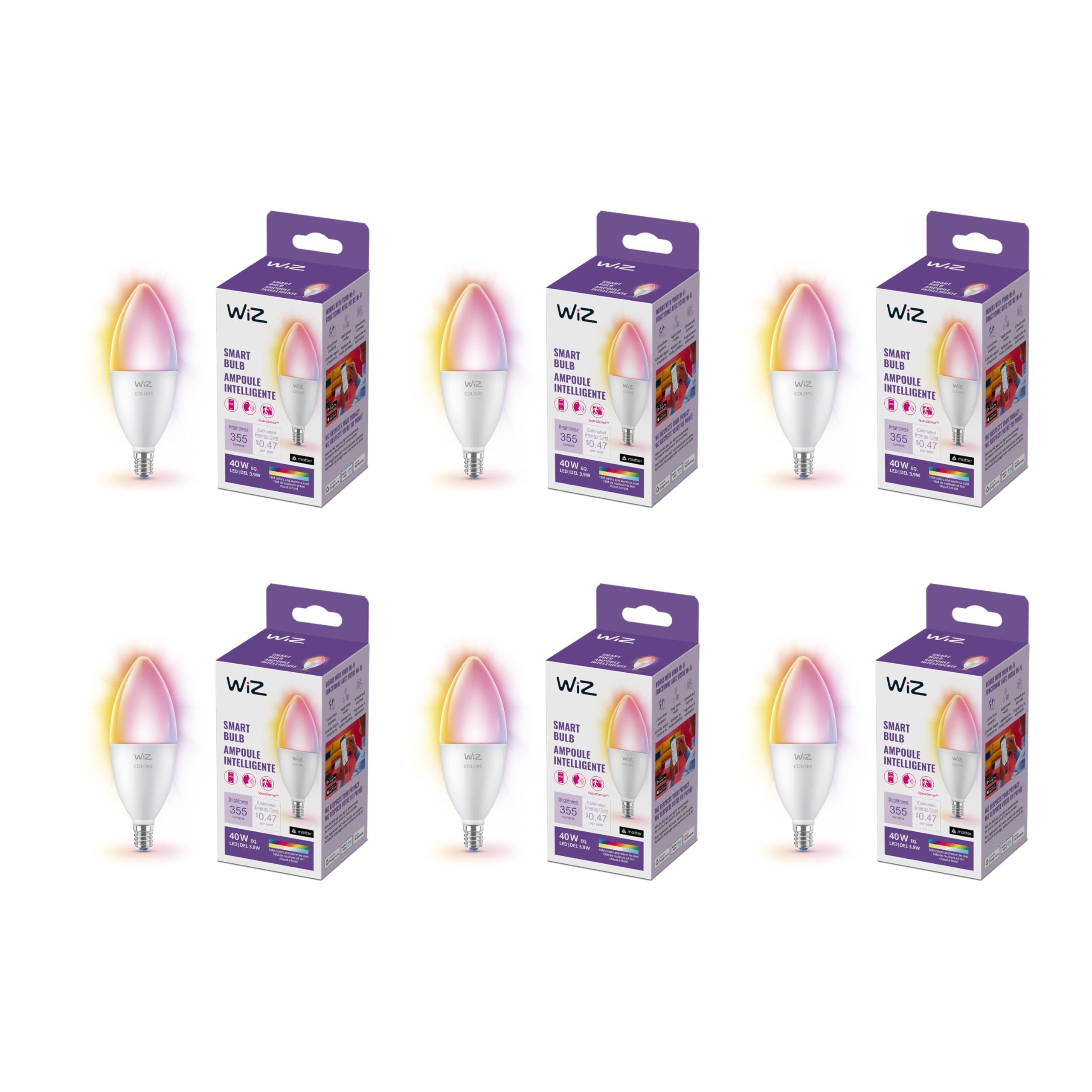 WiZ 40W B12 Candle Bulb Light, 6-Pack Smart Bulbs, Indoor E12 LED