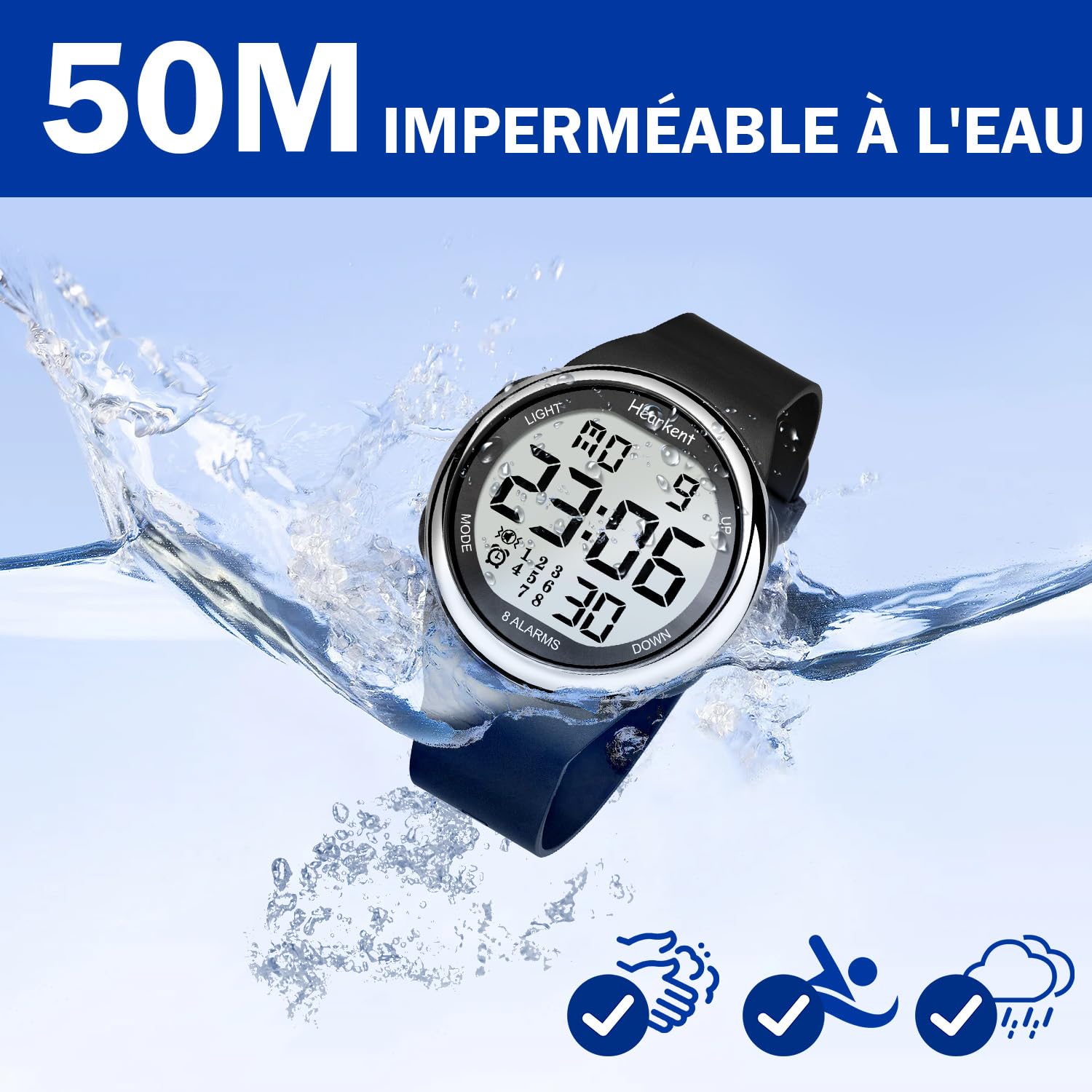 Hearkent 8 Alarmes Vibrantes Montre Rappel, Gros Chiffres | Montre Alarme Vibrante pour Rappels Médicaments, Travail, Sport, Sommei, 50M Étanche, EL Rétroéclairage, 12/24 Heures Format