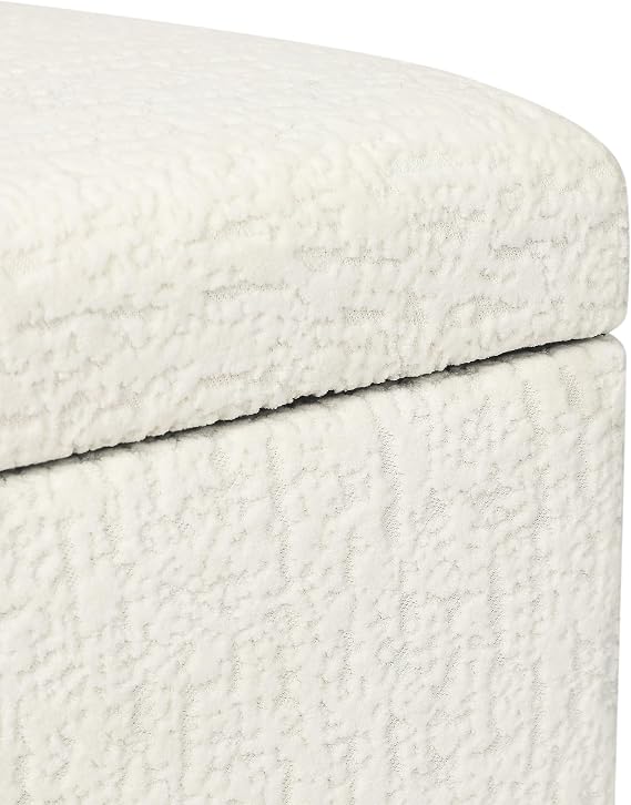 Adeco 18 Inch High Faux Fur White Cube Ottoman Storage, 3D Embossed Velvet Chair Foot Stools, Upholstered Vanity Stool with Hinged Lid, Solid Wood Legs