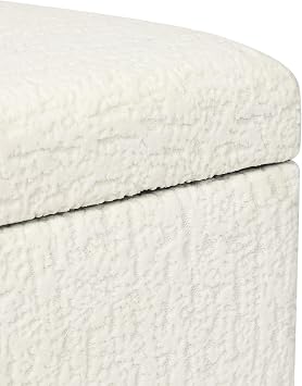 Adeco 18 Inch High Faux Fur White Cube Ottoman Storage, 3D Embossed Velvet Chair Foot Stools, Upholstered Vanity Stool with Hinged Lid, Solid Wood Legs