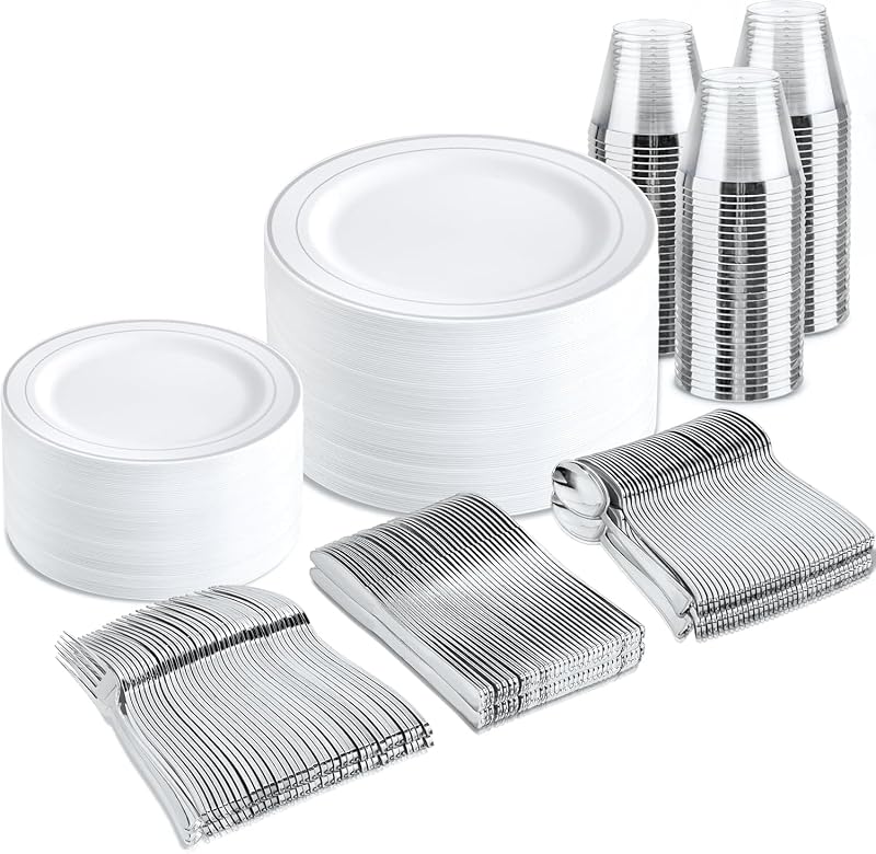 bUCLA 300PCS Silver Disposable Plastic Dinnerware Set - 50 Guests White Silver Disposable Plates Include 50 Dinner Plates,50 Dessert Plates,50 Knives,50 Forks,50 Spoons,50 Cups for Party & Christmas