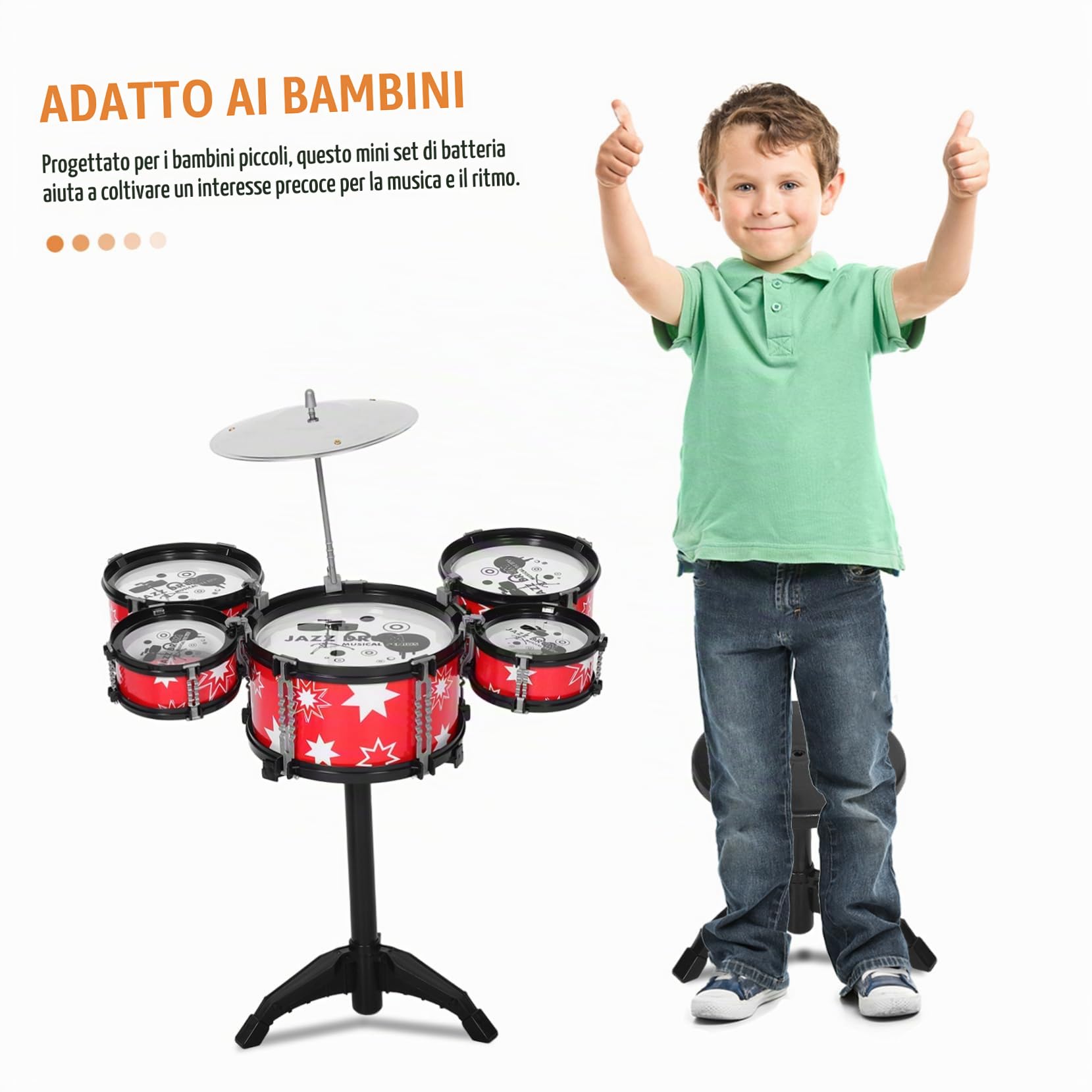 Kit Tamburo da Bambino Rosso in Plastica per Bambini | Set Mini per Principianti, Costruzione Robusta, Giocattolo Multifunzione per Ragazzi e Ragazze