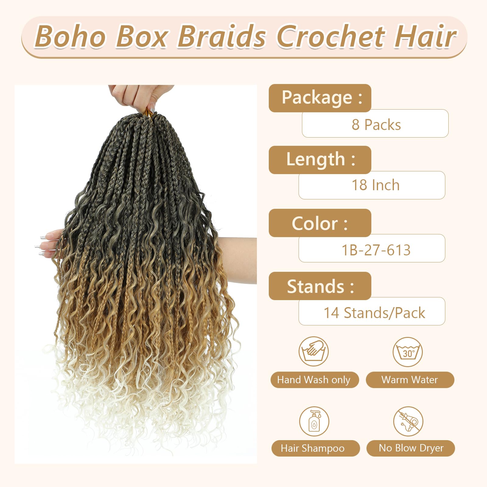 Crochet Braids Hair Extensions 8 Packs 18 Inch Pre-Looped Crochet Hair Extensions for Black Women Box Braid Boho Braid with Curly Ends Goddess Braids Extensions Hair(1B/27/613#) - Image 3