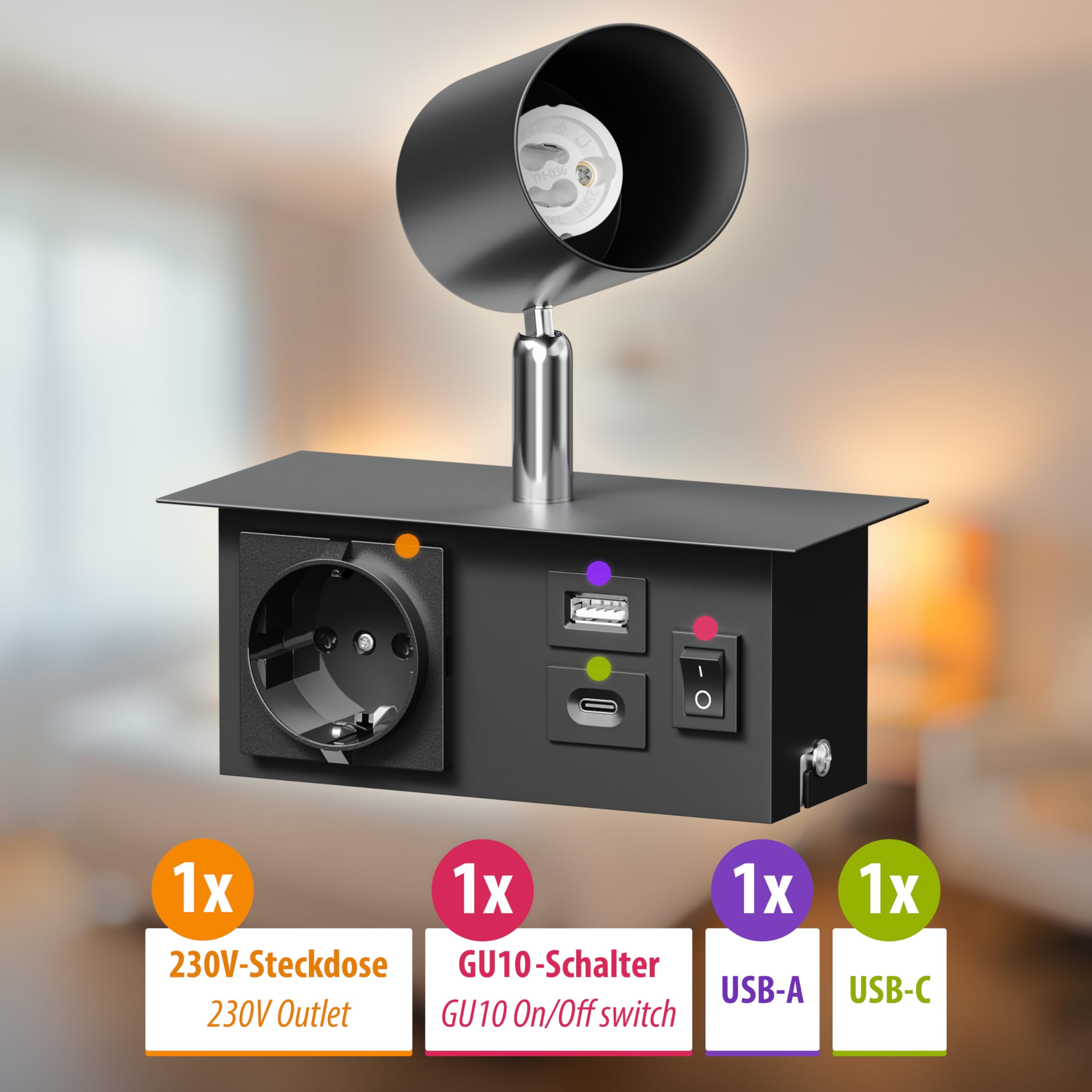 ledscom.de Wandleuchte WAIKA, 1-flammig, Schalter, schwarz, 1 Steckdose, USB-C, USB-A, 1x GU10 max. 15W