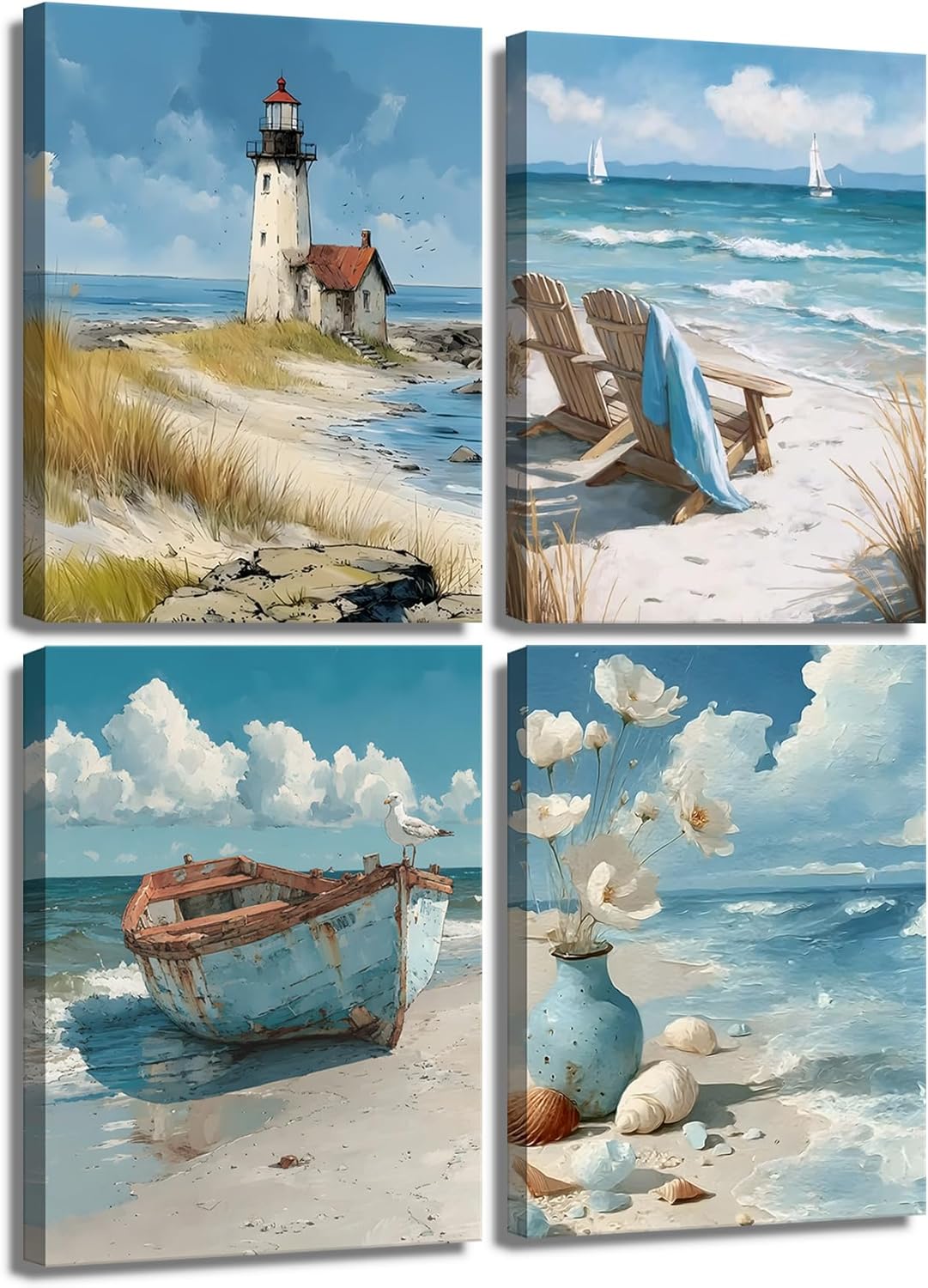 Danseed 4Pcs Blue Coastal Canvas Wall Art Ocean Bathroom Wall Decor Pictures Lighthouse Boat Chair Flower Painting for Bedroom Bathroom Home Office Decoration