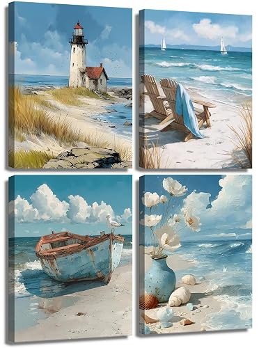Danseed 4Pcs Blue Coastal Canvas Wall Art Ocean Bathroom Wall