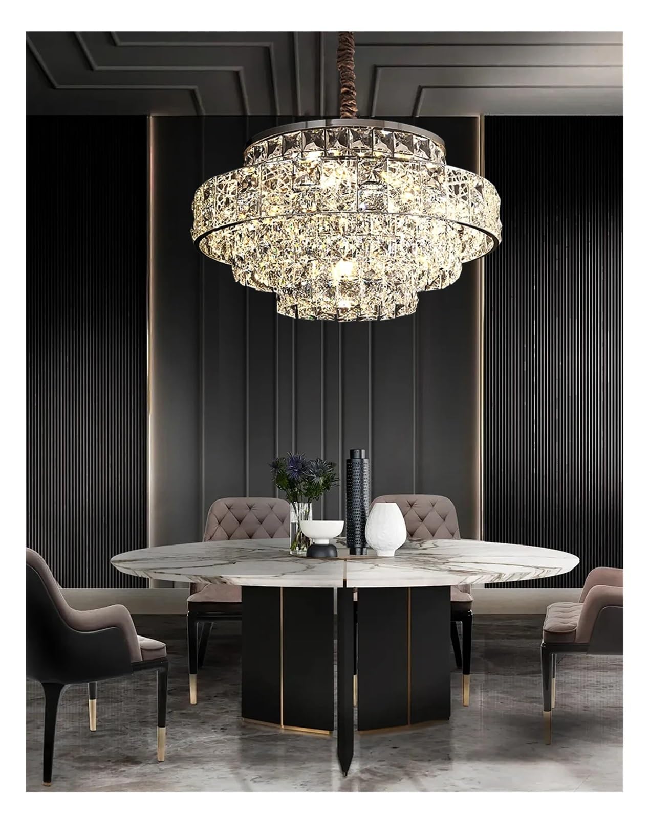 IvyLoutish Luxury Glittering Crystal Long Pendant Lights Modern Lustres LED Oval Hanging Lamps for Ceiling Home Decor Dining Room