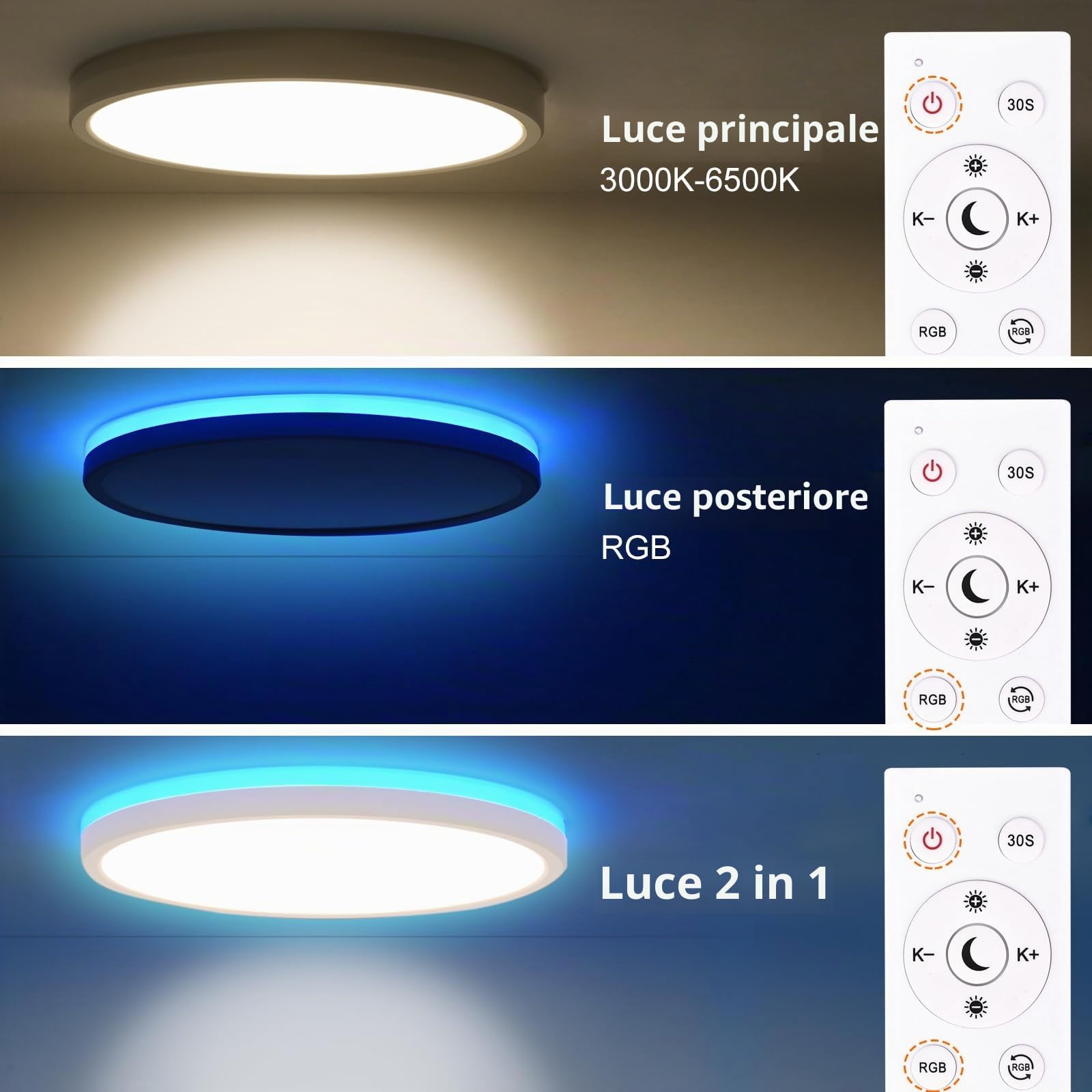 LEZOE Plafoniera LED RGB dimmerabile con telecomando, lampada da soffitto LED 24W 2650LM che cambia colore con retroilluminazione RGB 3000K-6500K per soggiorno, cameretta, camera da letto φ30x2,5cm