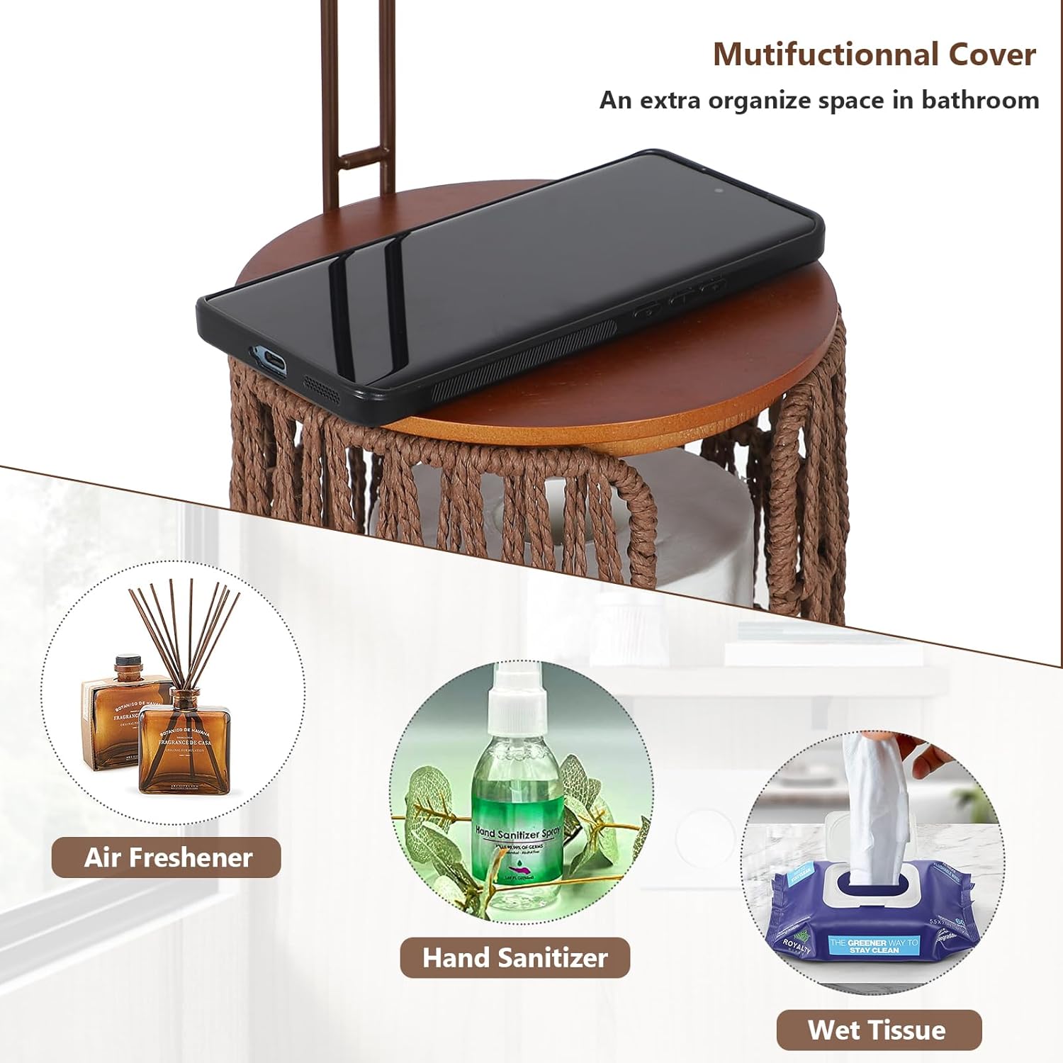 Trongee Freestanding Toilet Paper Holder with Storage,3 Rolls of Rattan Tissue Holder for Bathroom,Woven Toilet Paper Roll Holder Stand,Boho Bathroom Decor Farmhouse Toilet Paper Storage-Deep Brown