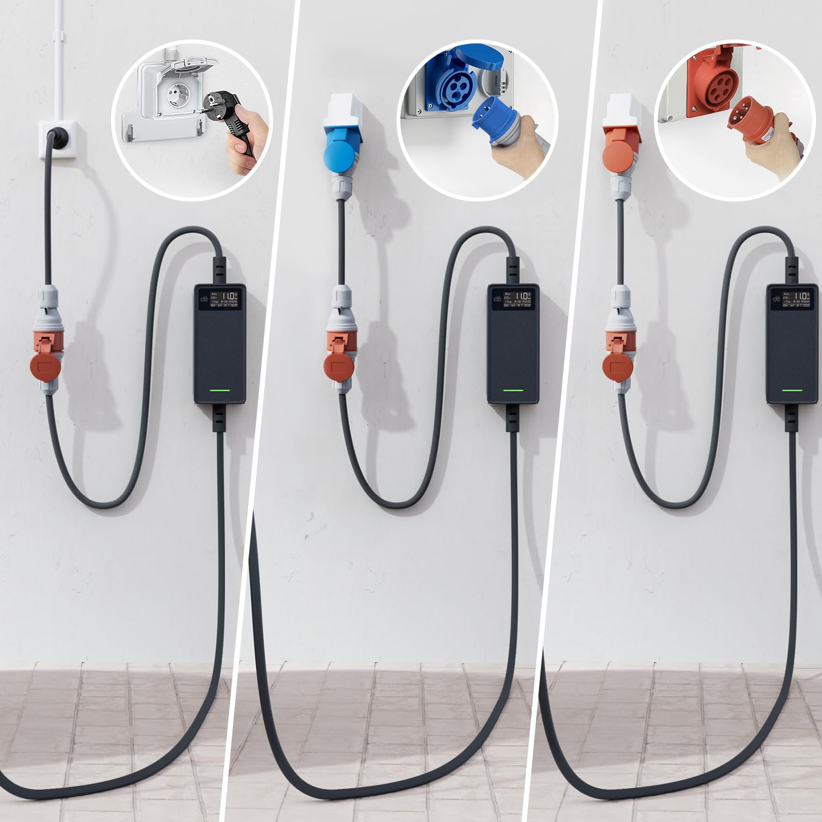 dé Adapter Set CEE 16A 5-Pole per 11kW Caricatore EV/Stazione di Ricarica a CEE Rosso 32A / CEE Blu 16A / Presa Domestica 230V con Cavo in Gomma 0,5m H07RN-F 3G2.5mm² IP44 per Uso Esterno