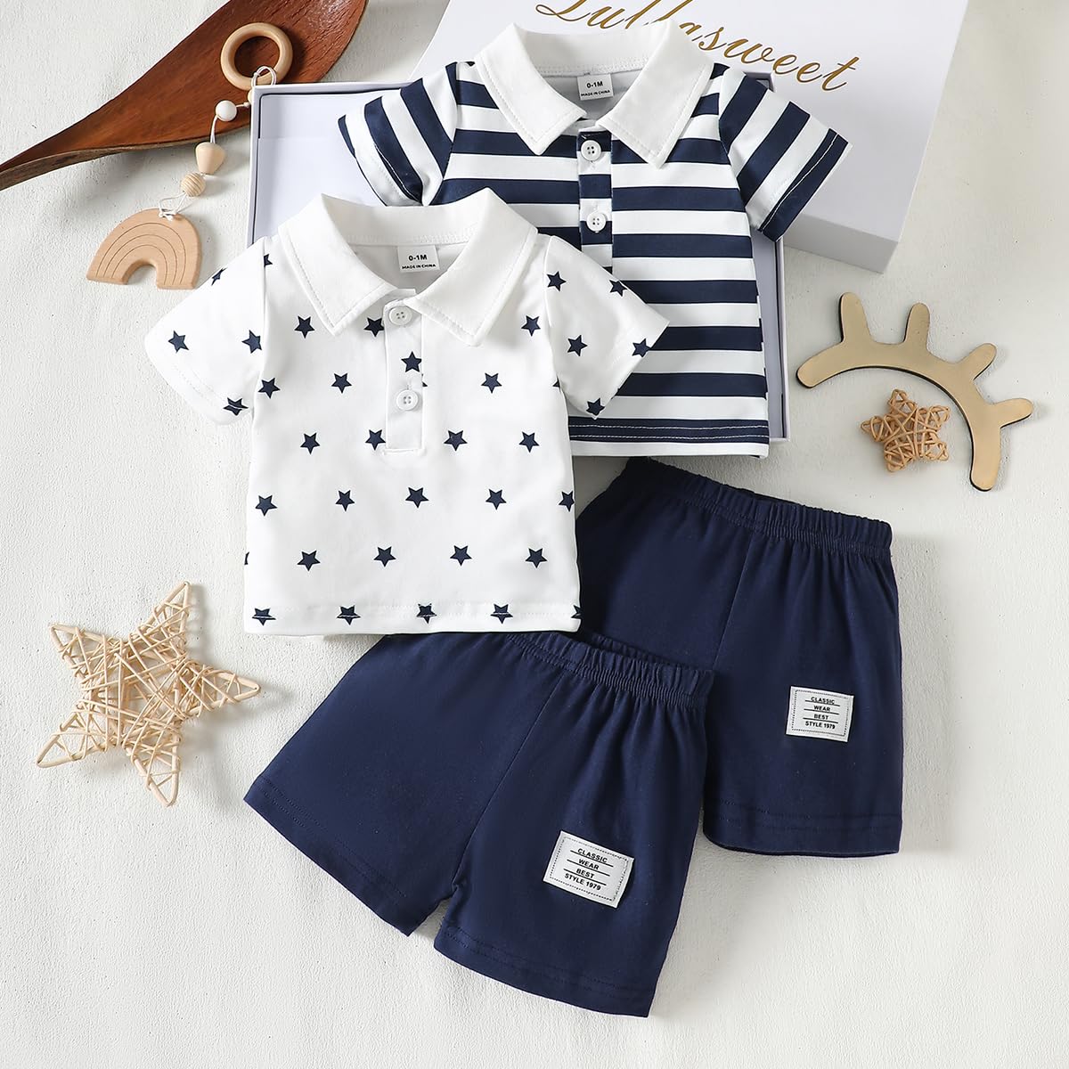 Conjunto de camiseta polo y pantalones cortos para bebé, 2 piezas, azul marino, blanco, estrellas, rayas, conjunto de ropa de verano para recién nacido
