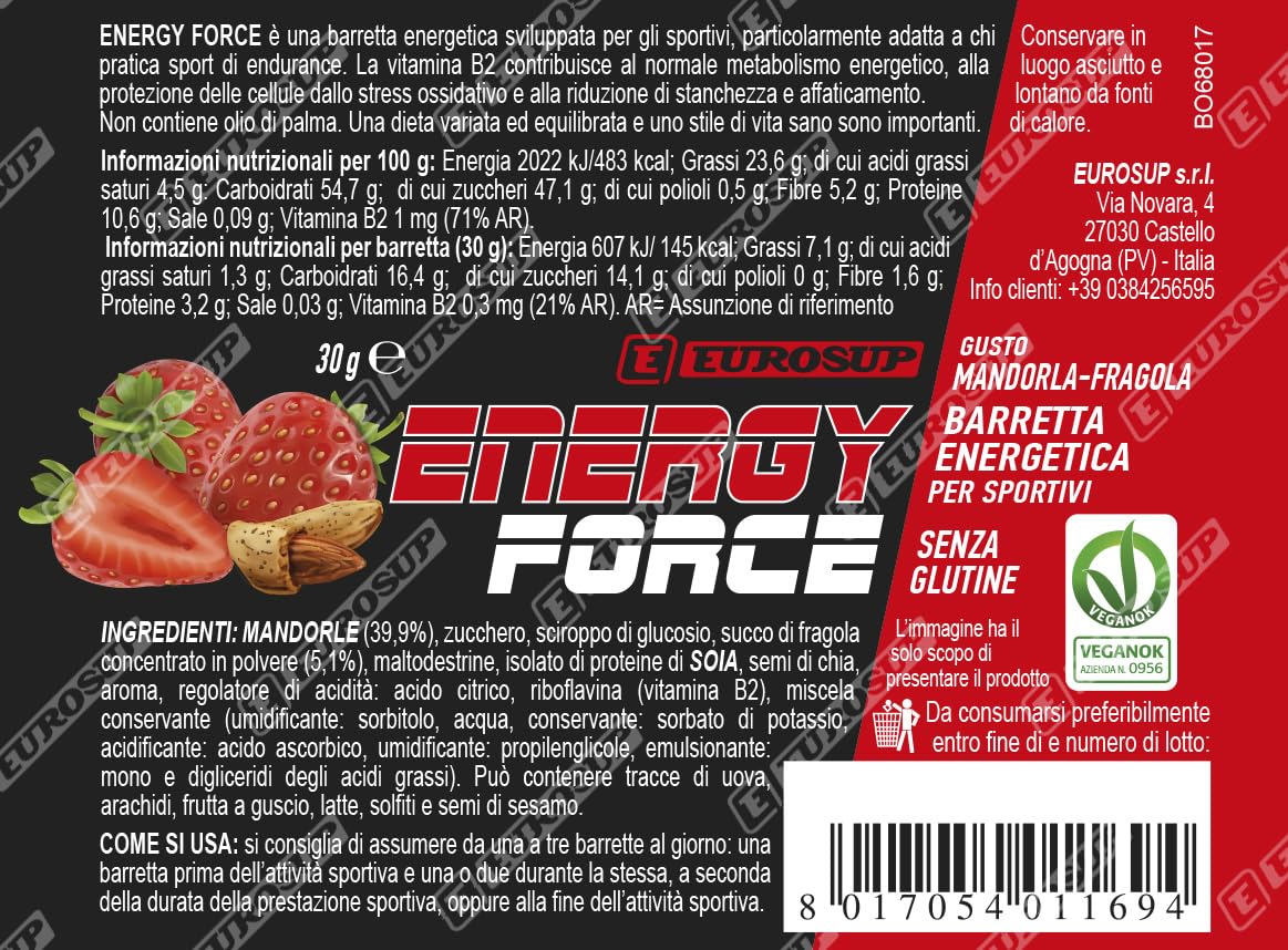 EUROSUP ENERGY FORCE – 10 pezzi - Barretta Energetica con Mandorle e Frutta | Energia Immediata e Prolungata | Con Vitamina B2 | Ideale per Running, Ciclismo ed Endurance | Gusto Mandorla-Fragola
