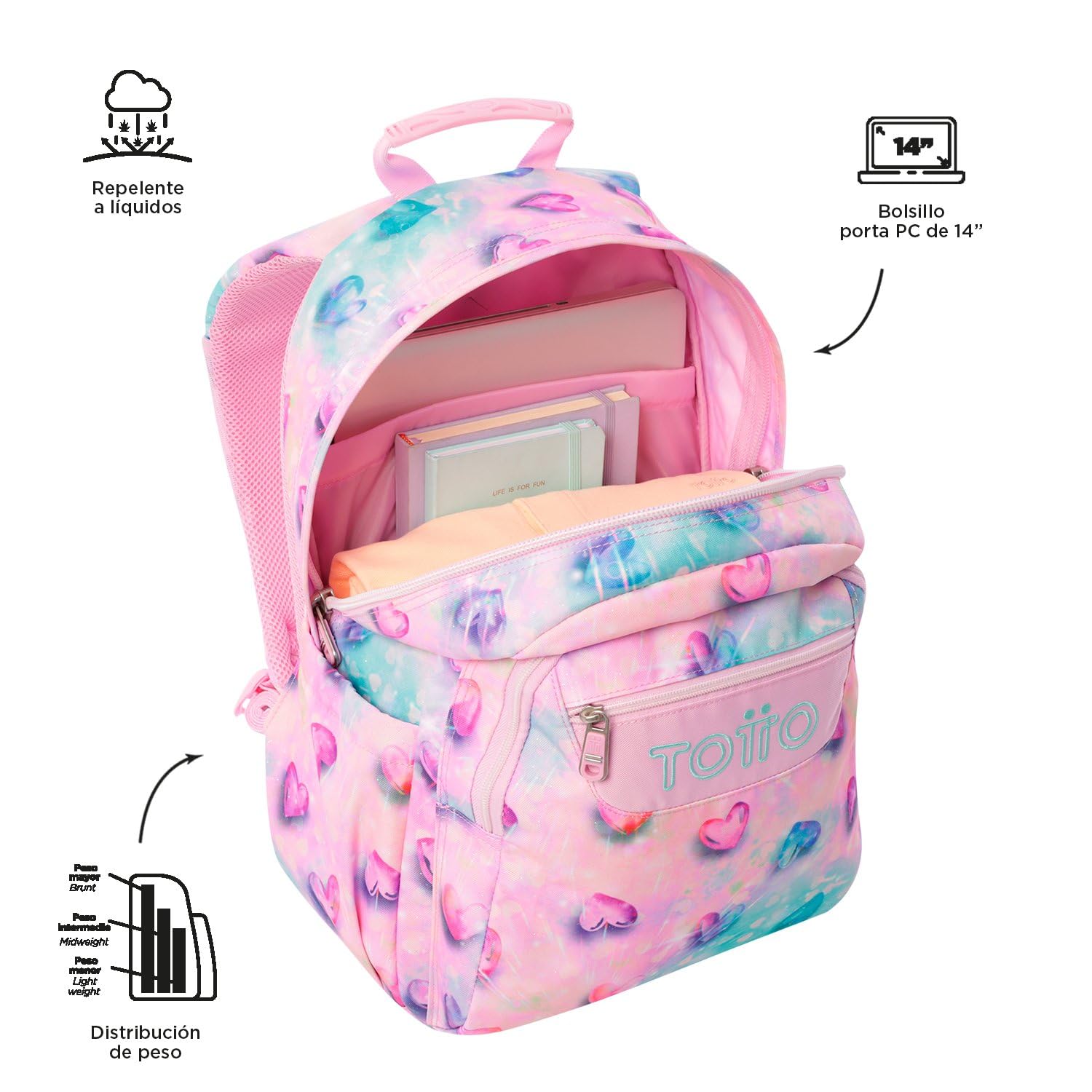 TOTTO - Mochila Escolar Adaptable a Carro, Modelo Acuareles, Capacidad 20L, Bolsillo para Pc 14", 2 Bolsillo Botella, Espaldar Ergonómico con Flujo de Aire, Correas en S, Estampado Shiny Heart Glitter