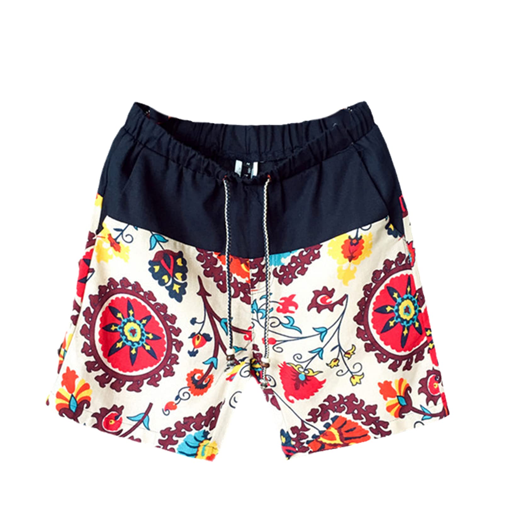 Kuendrem Men Women Leisure Shorts Fashion Cotton and Linen Stitching Summer Beaded Flowers Printed Beach Shorts