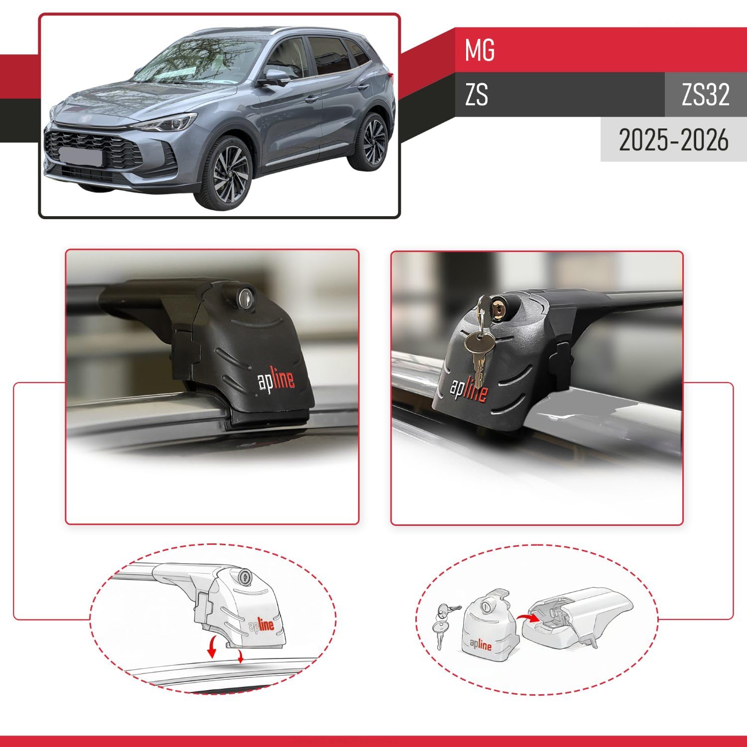 Kompatybilny z MG ZS (ZS32) 2025-2026 Aluminiowy bagażnik dachowy – 2 poprzeczki, czarne