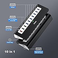Vista 2 de Powered USB Hub 10Gbps, 10 Port USB 3.2 Gen 2 Hub with 7 USB 3.2 Data Ports, 3 Fast Charging Ports, 36W Power Adapter, Type A and Type C Cable