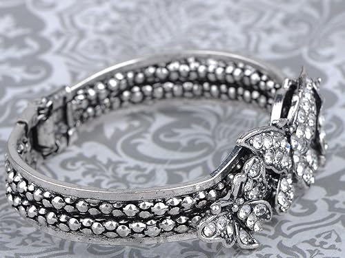 Miniatura 4 de Alilang Pulsera vintage de alas de mariposa con diamantes de imitación de cristal transparente de tono plateado, Diamante de imitación
