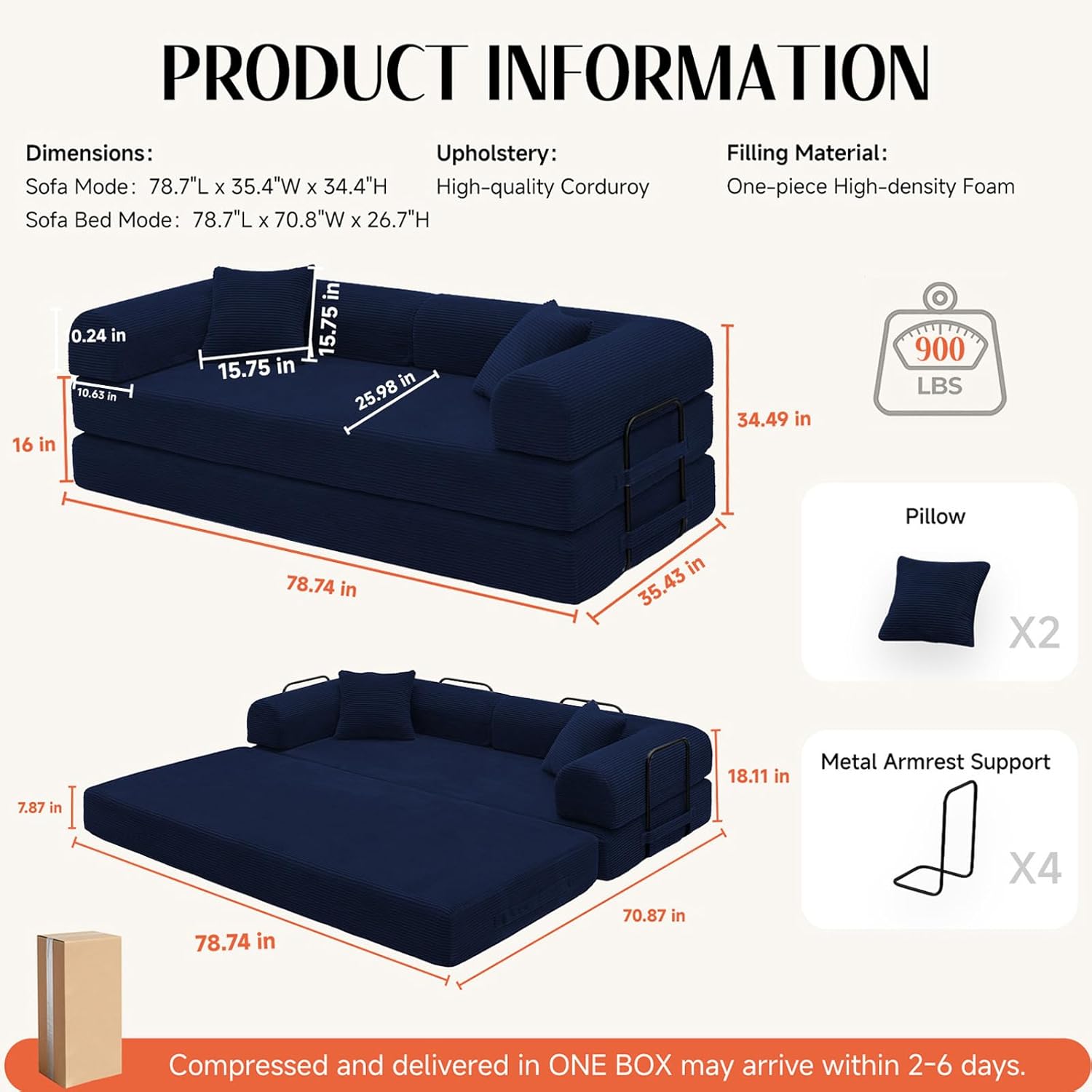 79'' Convertible Sofa Bed, Boneless Couch-in-a-Box, Corduroy Floor Futon Loveseat Sleeper, 26'' Deep Seat, Removable Machine-Wash Covers, Side Pockets, No Assembly, 2 Pillows, Navy Blue