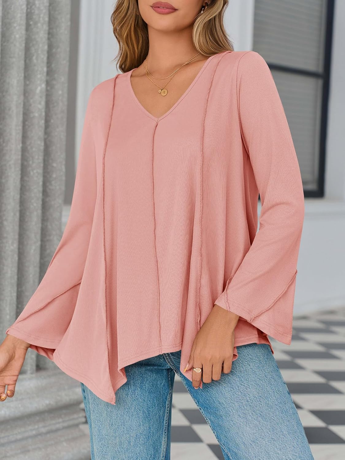 Tankaneo Womens Long Bell Sleeve Tops V Neck Asymmetrical Hem Ribbed Shirts Flowy Trendy Loose Fit Tees Tunic Shirts - Image 3