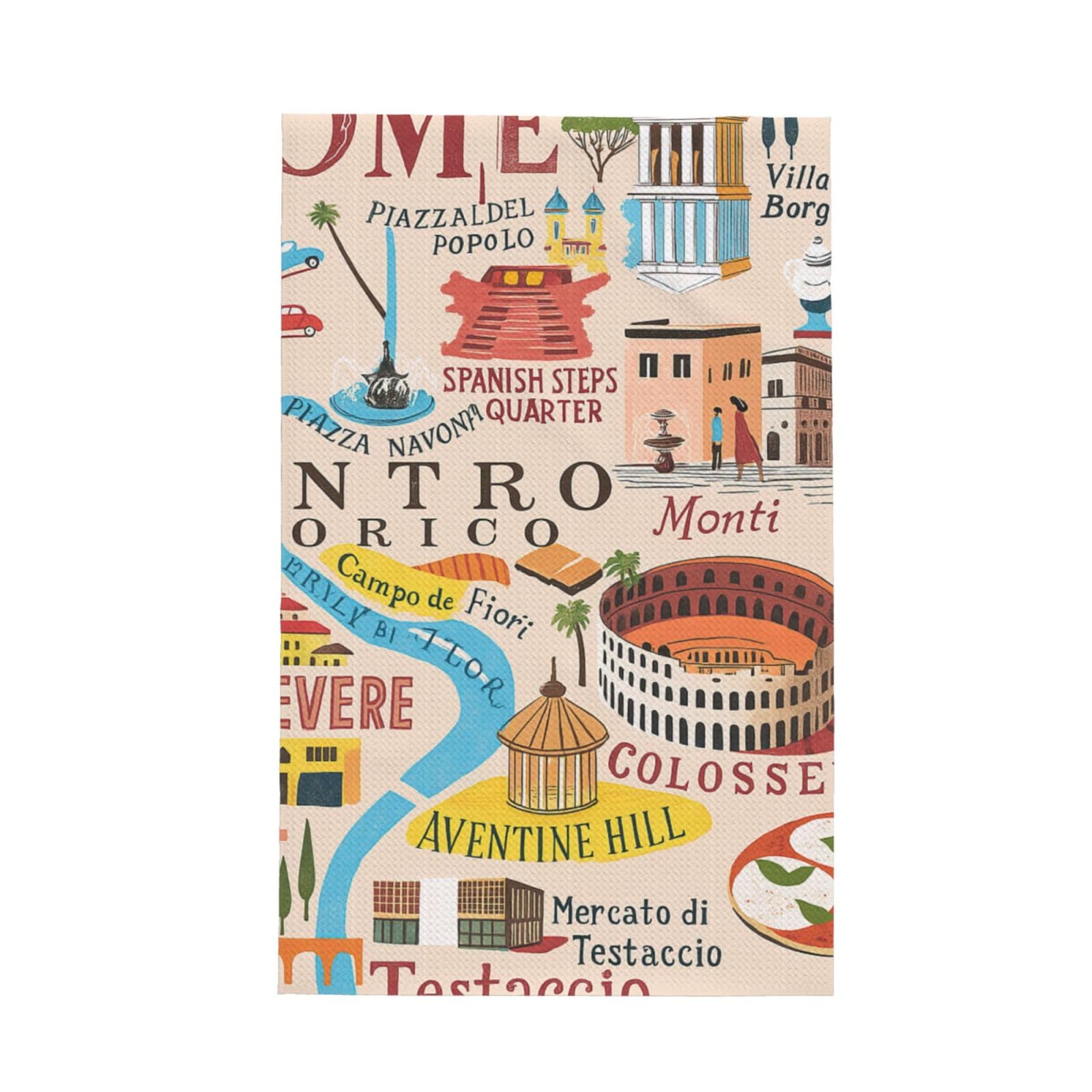 Xxahnbm Black Rome Map With Landmarks Illus Print Waffle Kitchen Towel,Absorbent Hand Towel