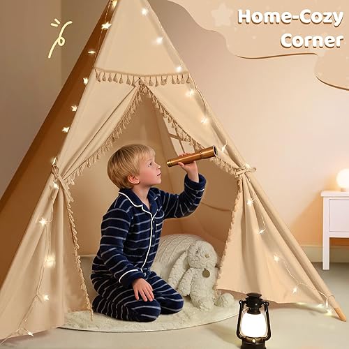 Vista 11 de Sumbababy Tienda de campaña tipi para niños, casa de juegos de lona natural con flecos, tela lavable, tienda de campaña Tipi, incluye bolsa