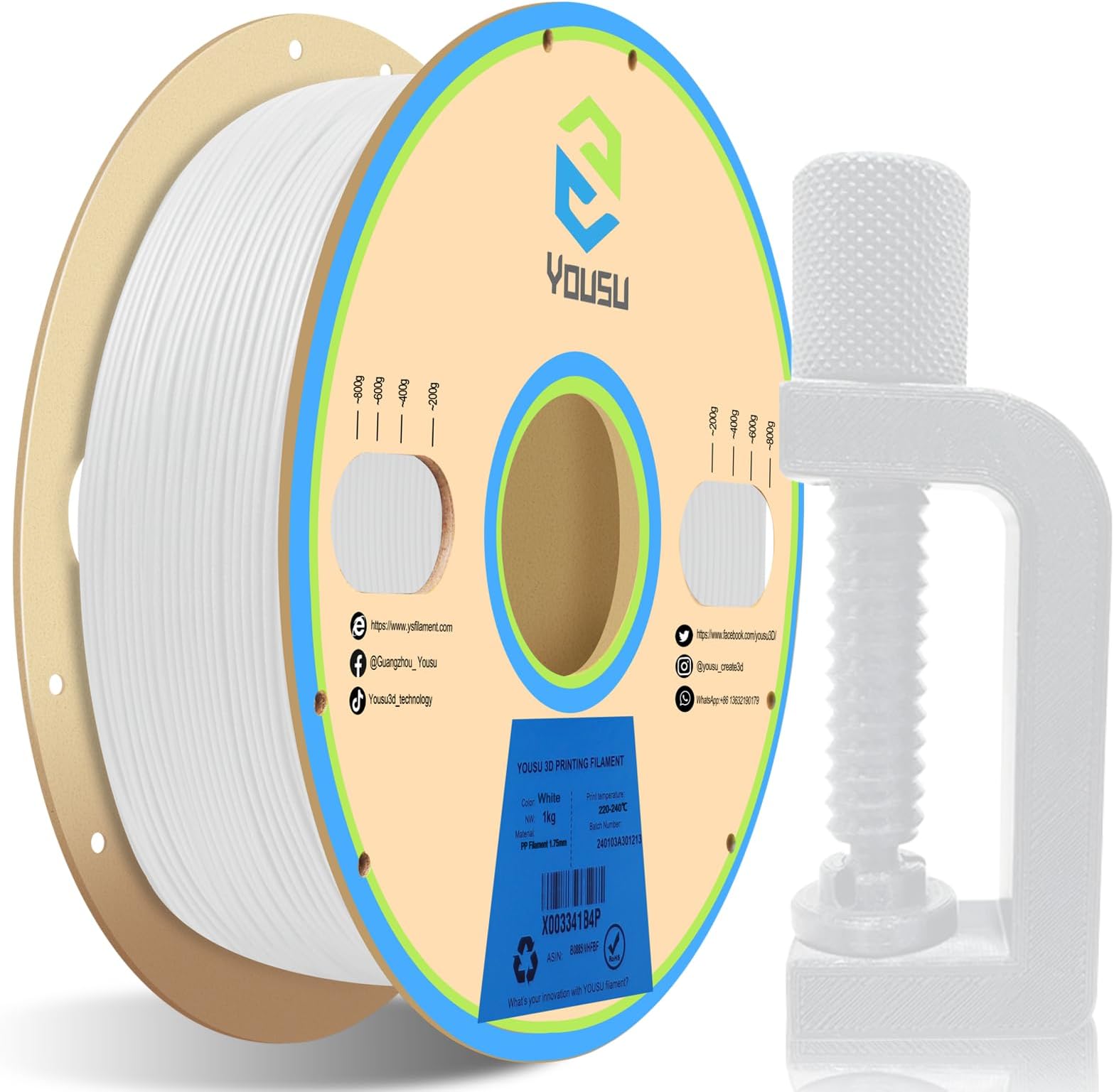 YOUSU PP Filament 1.75mm for Industrial Part, High Temperature Applications, Mechanical Compon, 1kg (2.2lbs) Polypropylene 3D Printer Filament, 5 Pcs Build Sheet Included,White