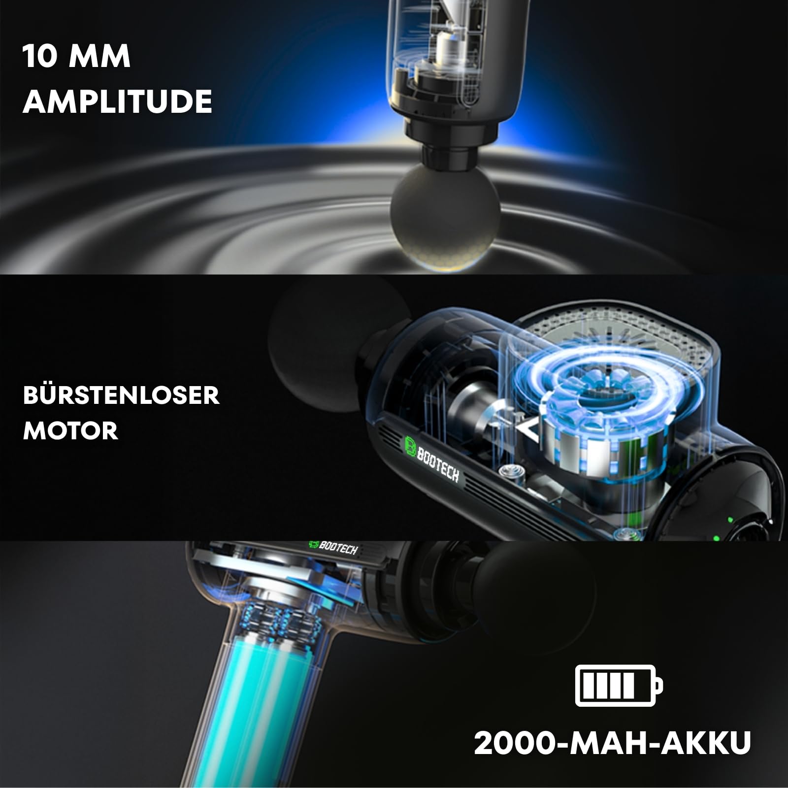 BOOTECH Professionelle Muskelmassagepistole, tiefes Gewebe mit 10 mm Amplitude, leise Massage Gun mit 5 Köpfen & 5 Geschwindigkeiten für sportliche Erholung, Schmerzlinderung