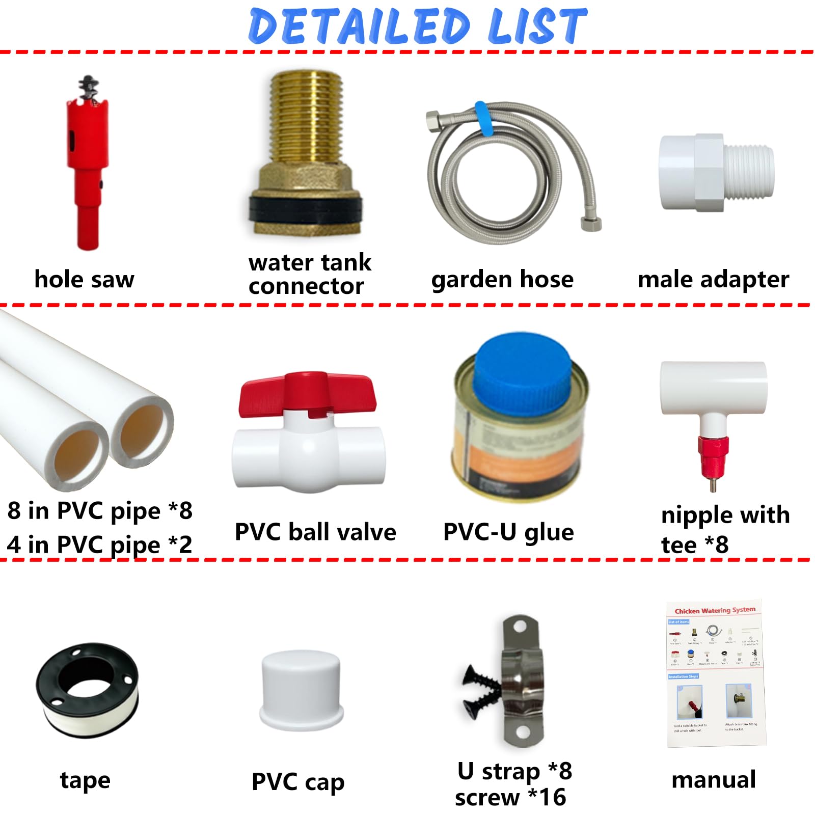 Sistema di irrigazione per polli fai da te, raccordi a T in PVC da 1,27 cm e capezzoli per abbeveratoio per polli, con tubo in PVC, tubo in acciaio inossidabile, kit automatico per abbeveratoio per