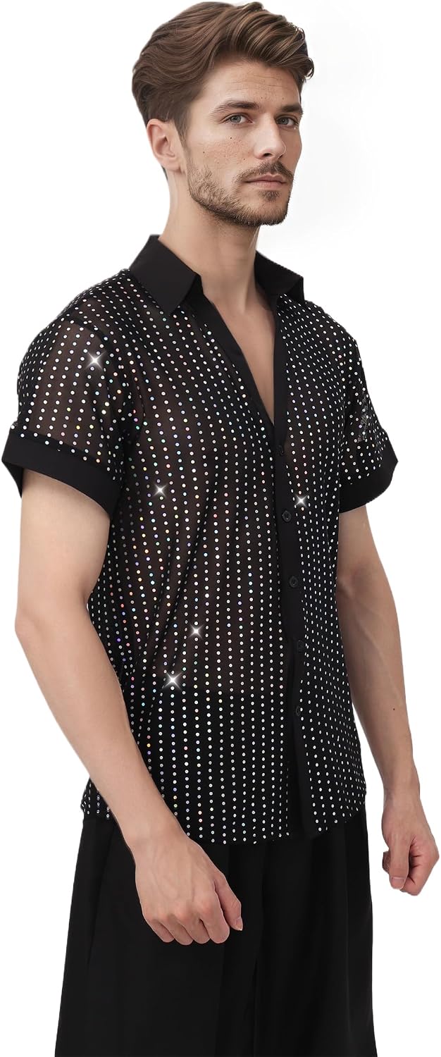 Mens Mesh Sequins Shirt 70s Disco Button Down Short Sleeve Shirts Party Tops Costumes