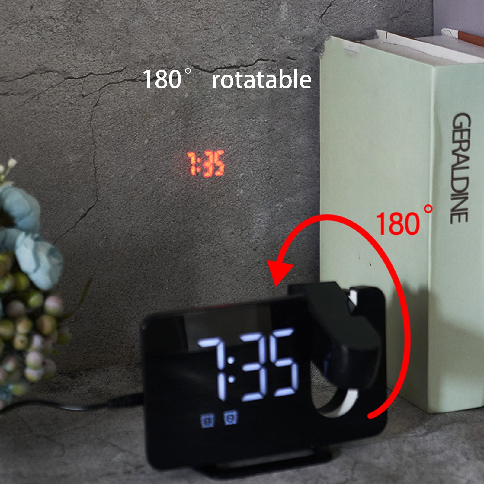 Réveil Projecteur, Réveil Numérique avec Radio FM, Affichage LED Clair, Snooze, Réveil Numérique pour Chambre à Coucher,White