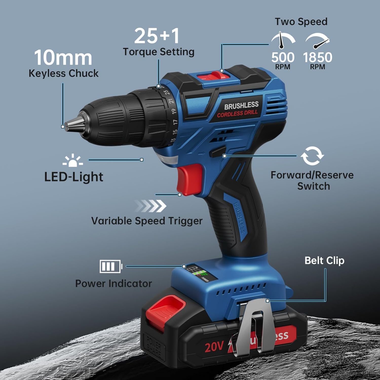 Diagram of FAHEFANA 20V Brushless Cordless Drill with labeled parts