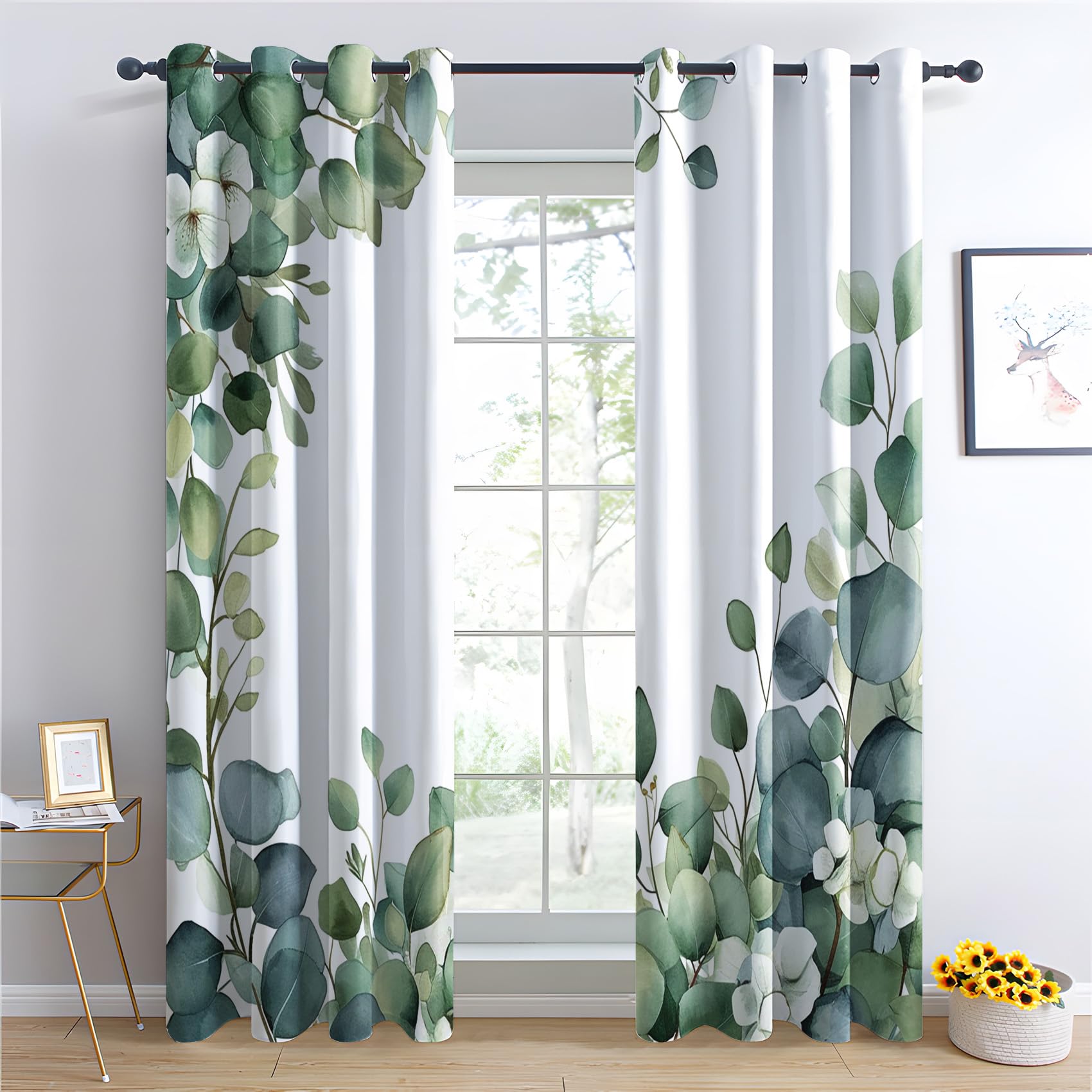 Rideau Occultant Eucalyptus, Feuille Verte Motif Rideaux Thermiques à Oeillets, Rideaux Imprimé pour Salon Chambre Fenetre Moderne Décoration, 140x220 cm (L x H), Lot de 2