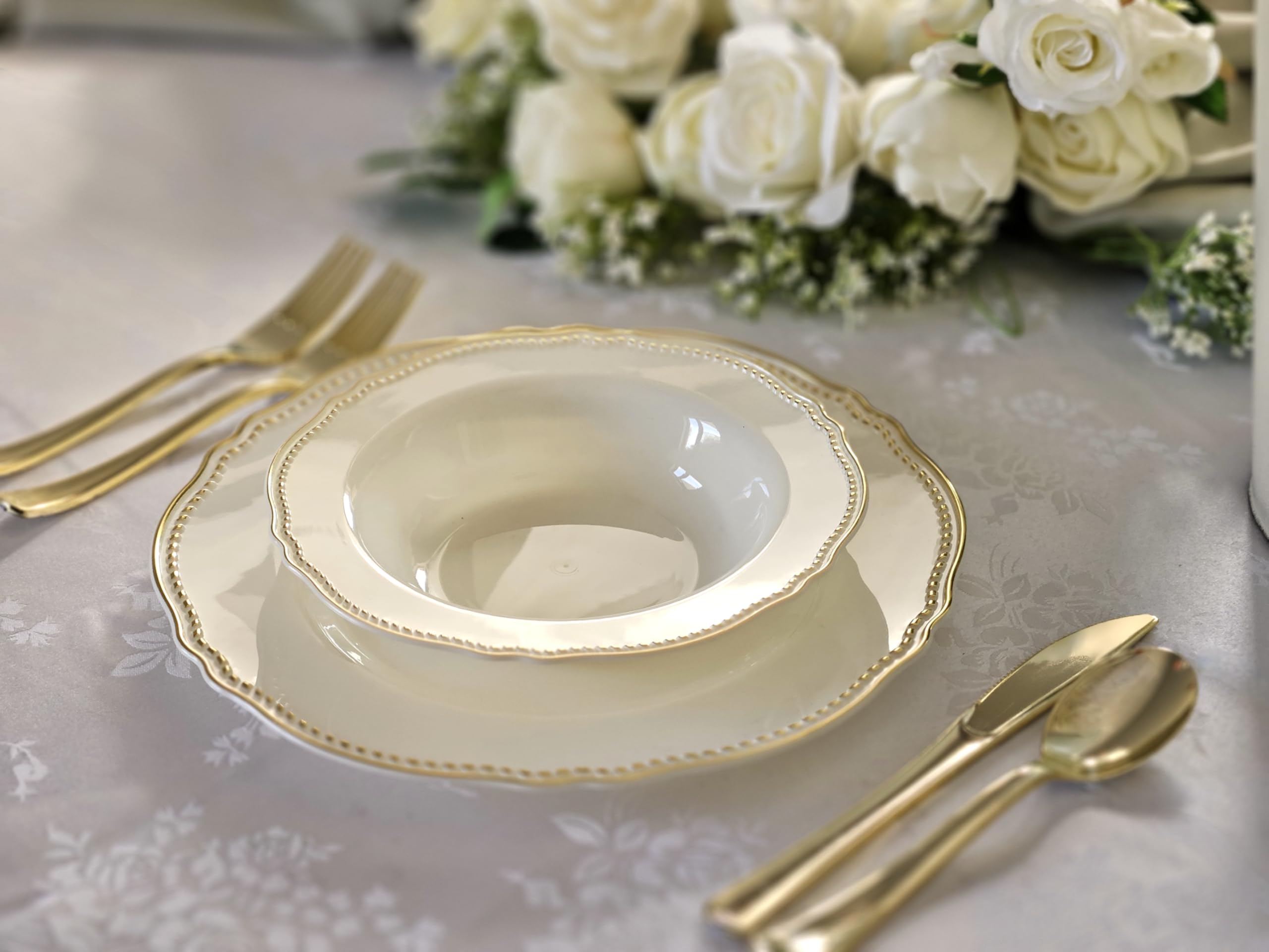 OCCASIONS 240 Plates Pack, Premium Heavyweight Disposable Wedding Party Plastic Bowls (10 oz Soup/Dessert Bowl, Rochelle Ivory & Gold)