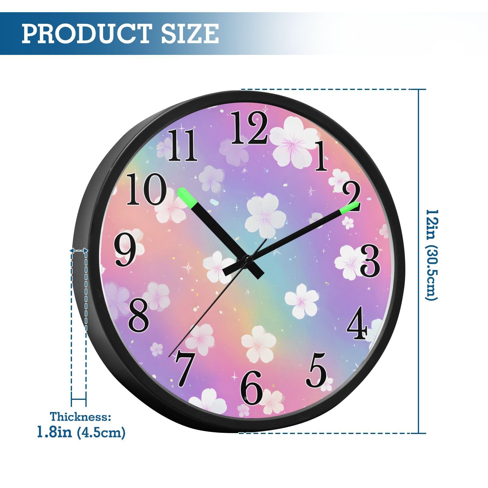 Mnsruu Reloj de pared luminoso con diseño de flores y arcoíris con purpurina, funciona con pilas, reloj silencioso que brilla en la oscuridad, para sala de estar, cocina, 12 pulgadas