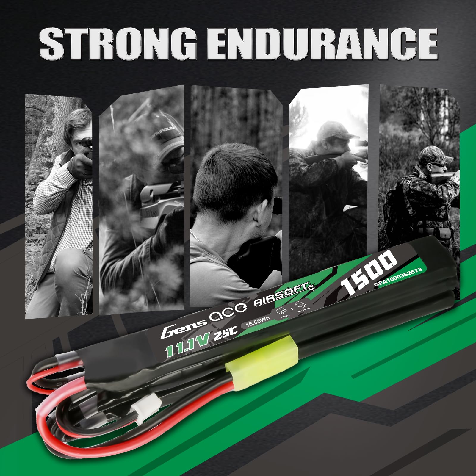 Gens Ace Batería LiPo 11,1 V 1500 mAh 25C 3S1P Batería Triple Dividida con Conector Estándar Tipo T, Compatible con Réplicas de Airsoft AEG