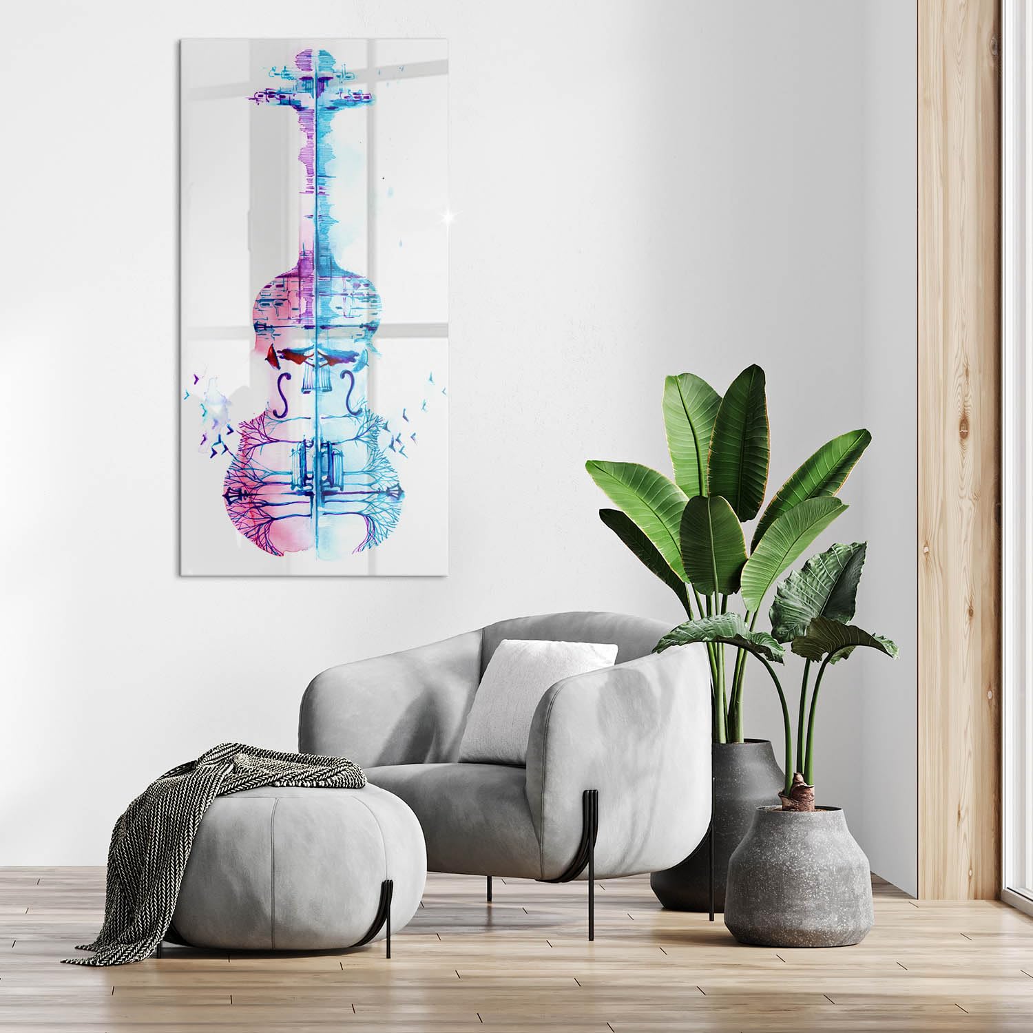 Wallfluent Für die Küche Badezimmer und Schlafzimmer Wanddekoration Mit Motiv 70x140cm Glasbild Bild Dicke 4mm Wandbild Gehärtetes Glas - Gemälde eines Cellos mit Park