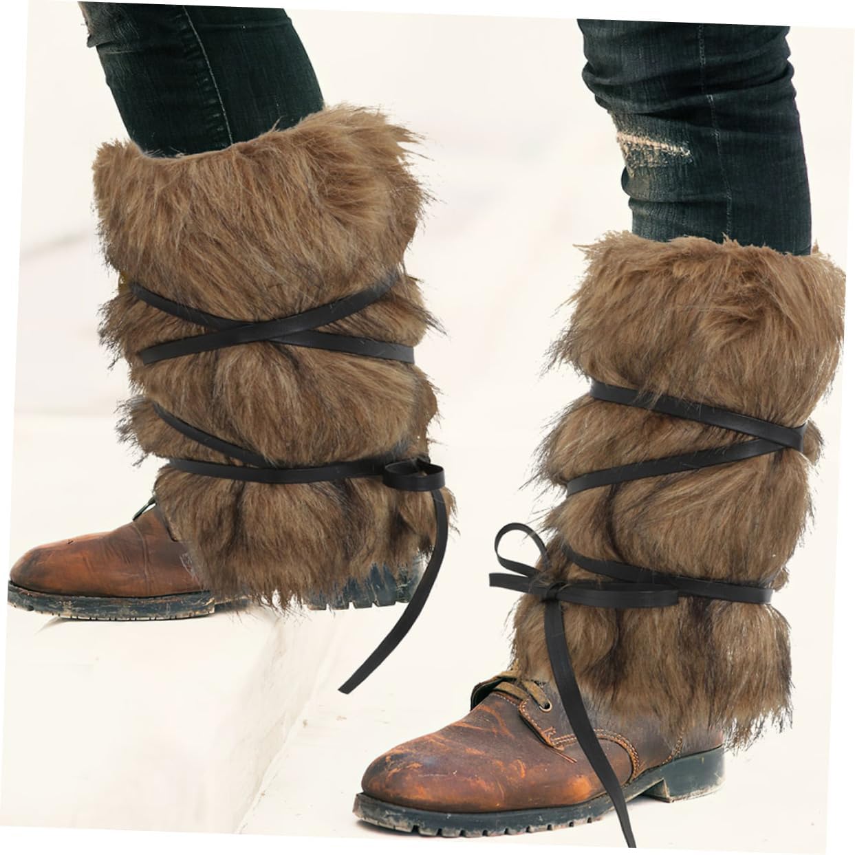 2pcs Faux Fur Viking Leg Warmers Polyester Boot Covers Brown