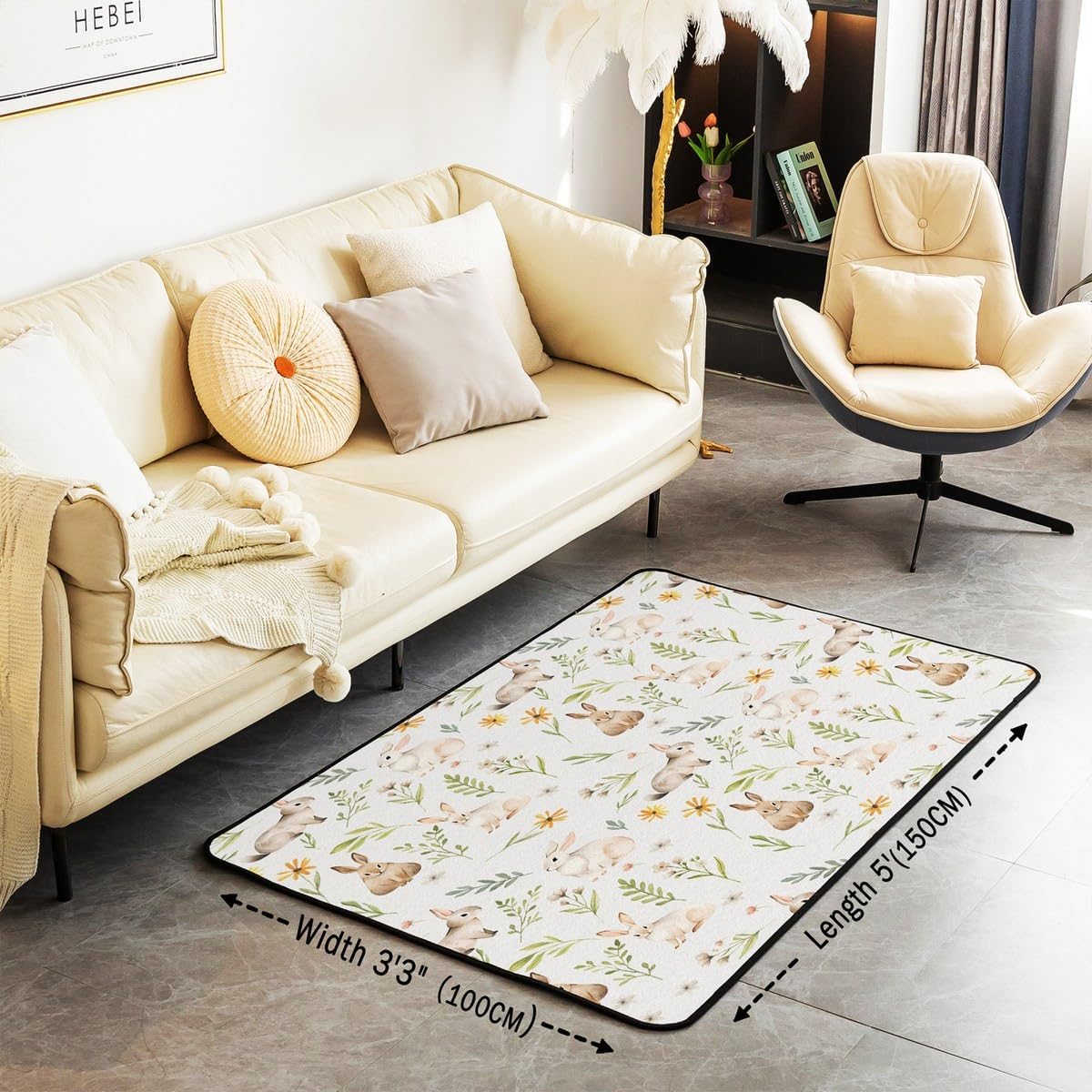 jejeloiu Cute Rabbit Living Room Rugs for Girls Boys Kids Area Rug 3x5 Happy Easter Accent Rugative Easter Bunny Indoor Floor Mat Floral Botanical Print Decorative Rug