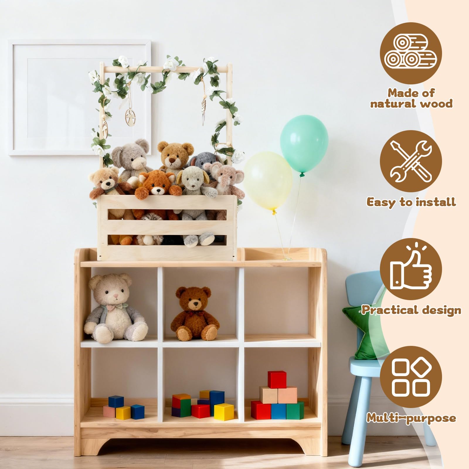 Cesta de Madera para Bebé con Asa, Regalo para Baby Shower Recién Nacido Niño Niña, Práctico Armario para Bebé, Cesta Personalizada con Perchas, Hojas Decorativas y Colgantes de Madera — view 4