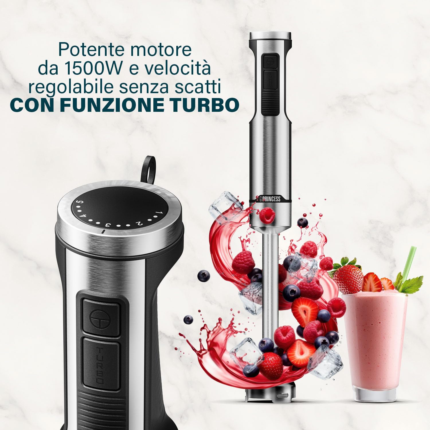 Princess Frullatore a Immersione in Acciaio Inox Prof XXL, 1500W, Asta Extra Lunga 50 cm, 5 Velocità + Turbo, 4 Lame, Bicchiere con Coperchio, Parti Lavabili, 221233