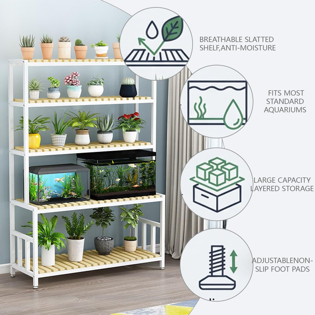Supporto Acquario Verticale Stile Rustico 4 Ripiani Con Scaffali Aperti | Supporto Verticale Per Acquario Con Contenitore Quattro Ripiani Aperti Rustico(White,120cm/47.2in)