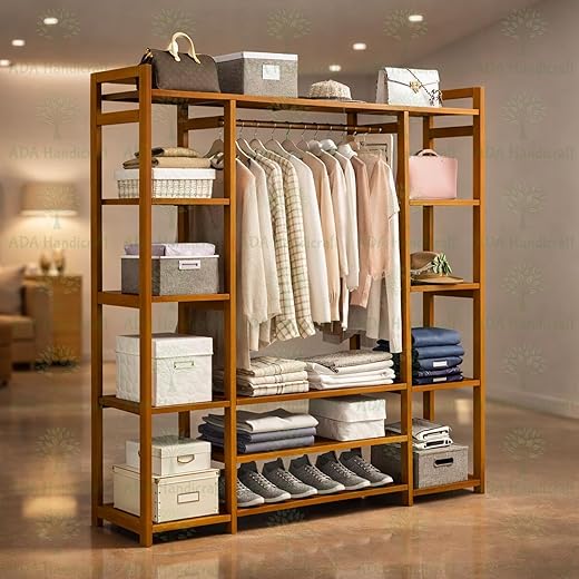ADA Handicraft Premium Natural Bamboo Clothe Garment Rack | Heavy Duty Coat Rails with Top Shelf and Shoe Rack, Storage Organizer Shelves - (100 x 40 x 140cm) Beige