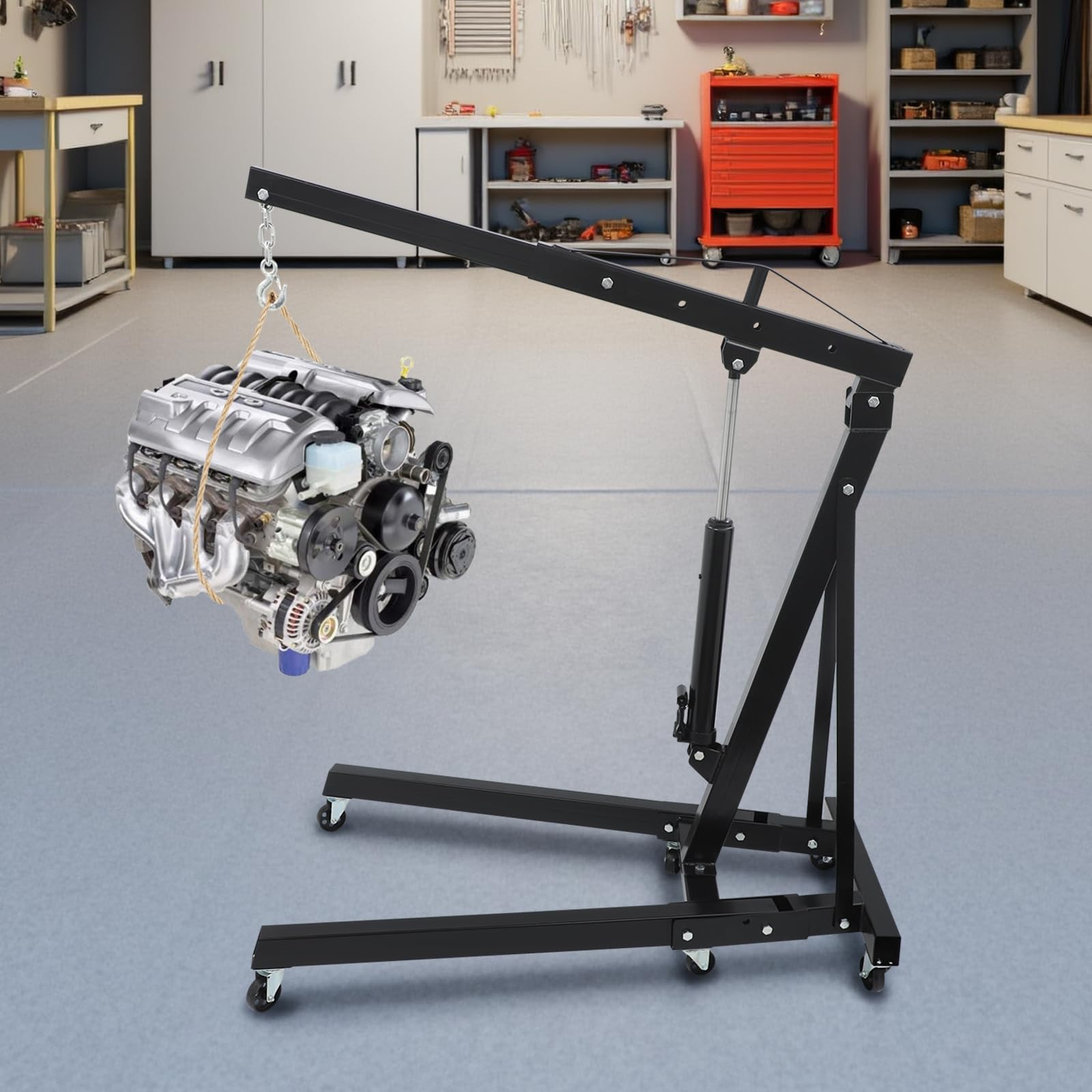Gru pieghevole da 2 tonnellate, 148 x 90 cm, 0-210 cm, altezza di sollevamento, in acciaio al carbonio, nero, a 4 livelli, per officina, garage, auto, camion, motore
