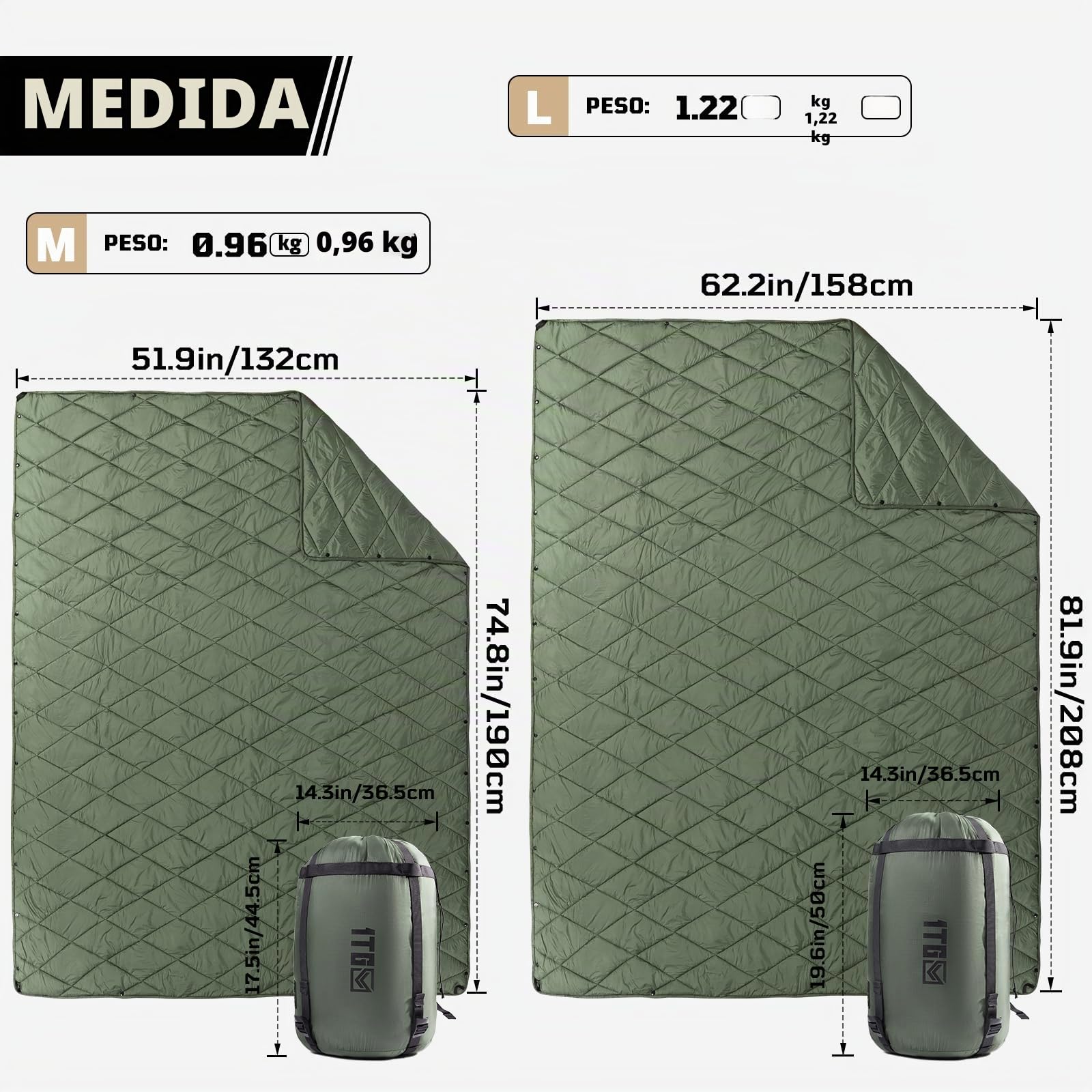 1TG Tactical Manta Camping Compacta, Manta de Acampada Ligera & Impermeable, para Senderismo, Coche, Estadio, Pesca - Lavable a Máquina (M -190x132CM L-158x208CM)