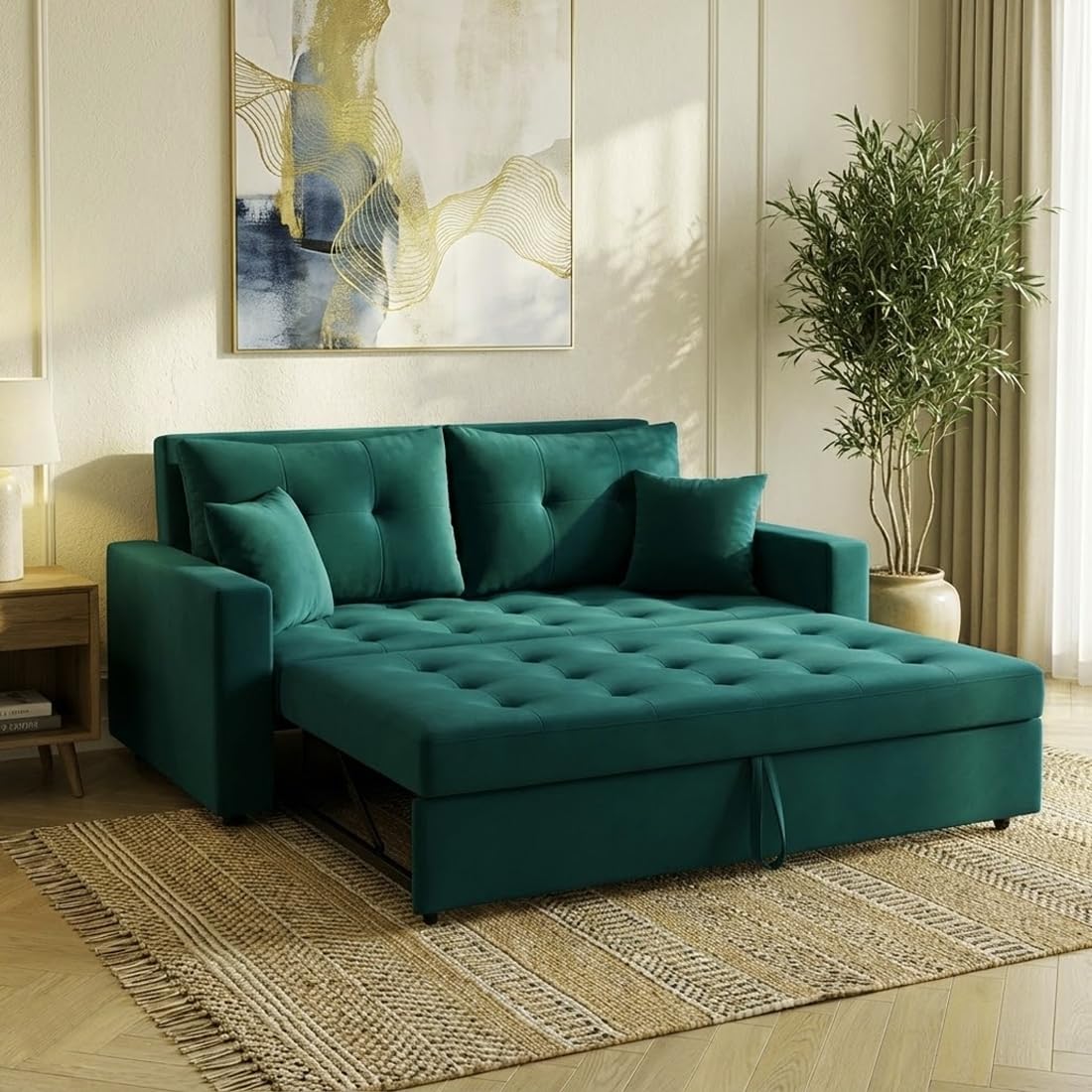 FURNY Tressa 2 Seater Fabric Pull-Out Sofa Cum Bed (Tealish Green) - Premium Velvet Finish - Durable Comfort - Ideal for Living Room