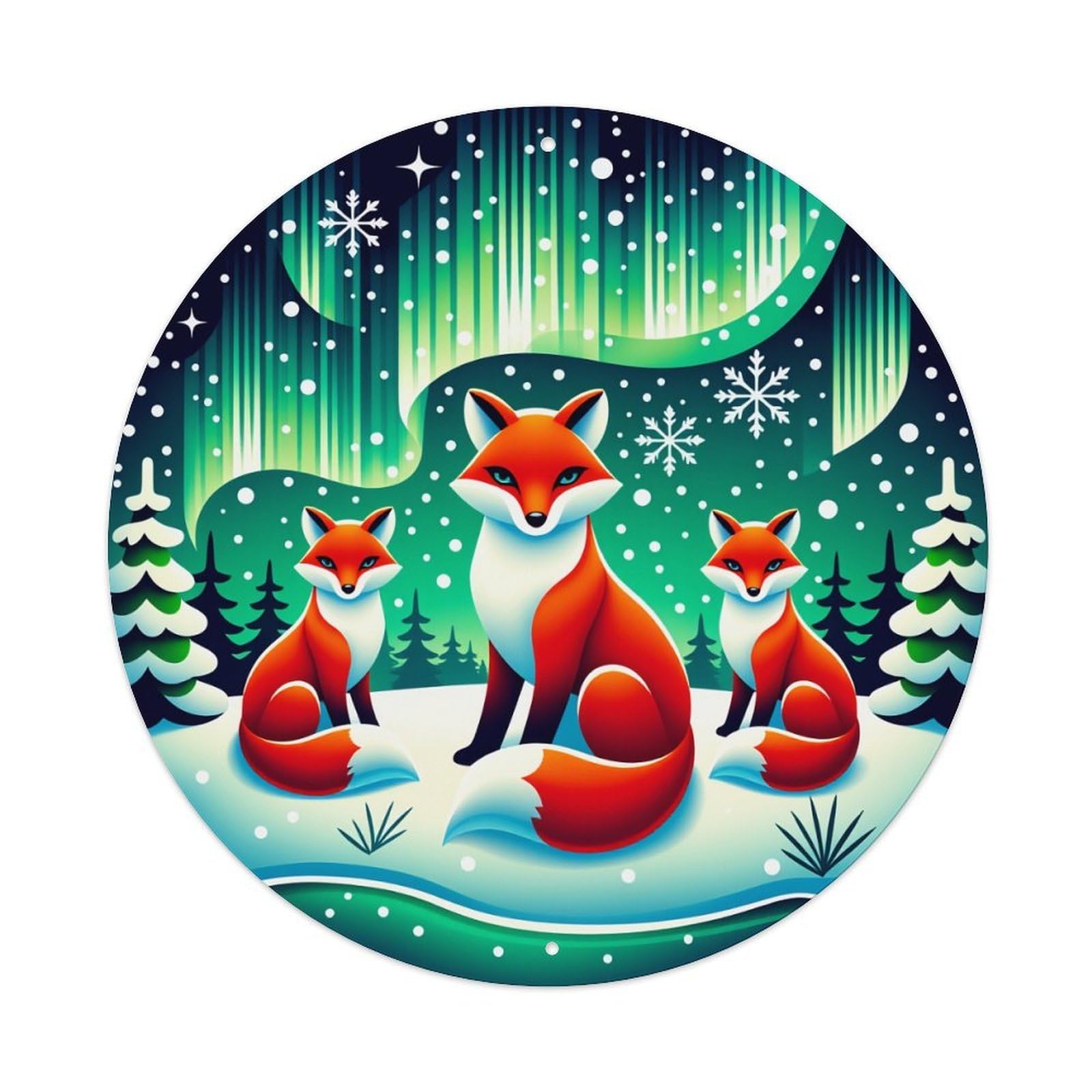 Fox Family Winter Aurora Round Tin Sign Vintage Style Metal Sign Home Bar Garden Wall Plaque Decor Metal Poster 8x8 Inch