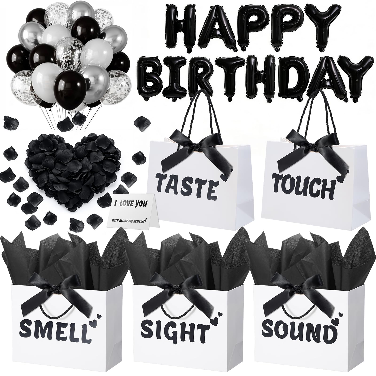 5 Senses Gift Bags for Him with Labels, 9"x4"x7" Gift Bag Tissue Paper Bow Ribbon Happy Birthday Decorations Kit with Banner, Balloons, Rose Petals, Card for Men, Women, Wedding, Valentine's Day